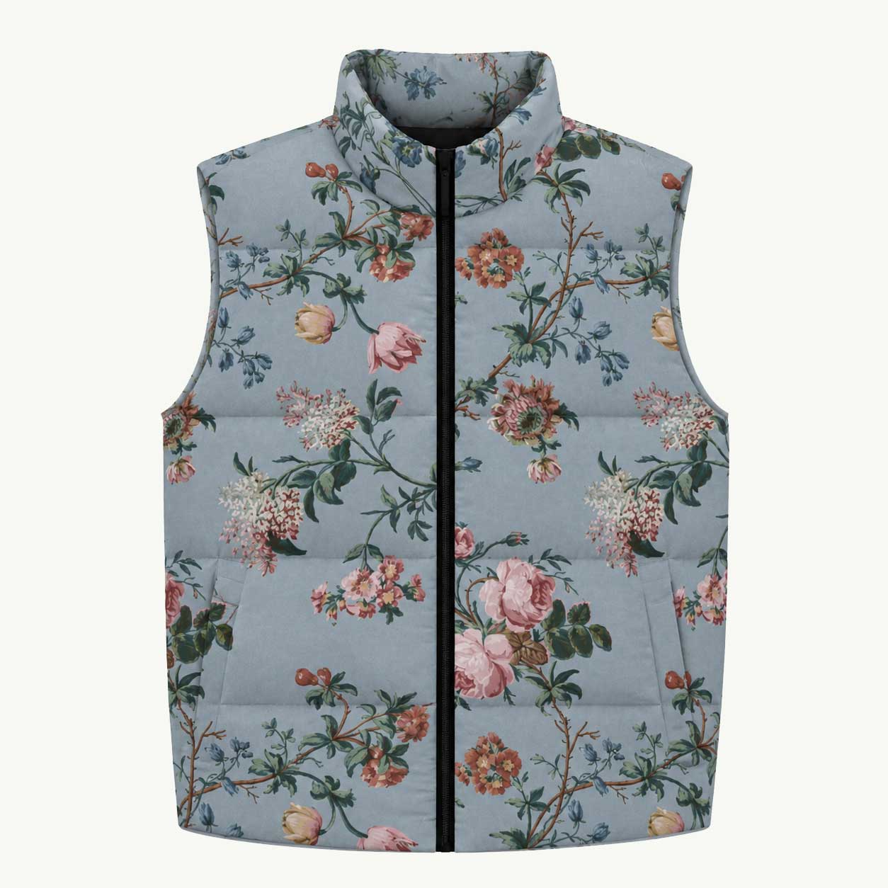 Bud-ding Romance Blue Puffy Vest featuring vintage artwork design, women’s puffy vest