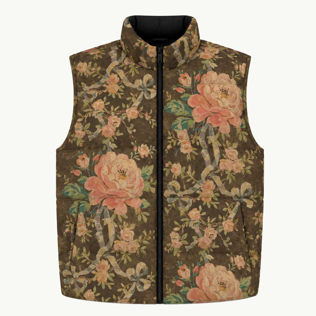 Everything Is Coming Up Roses Puffy Vest featuring Rich brown background with trailing pink roses and a delicate blue ribbon border design, adapted from a 1780 French decorative watercolour, women’s puffy vest