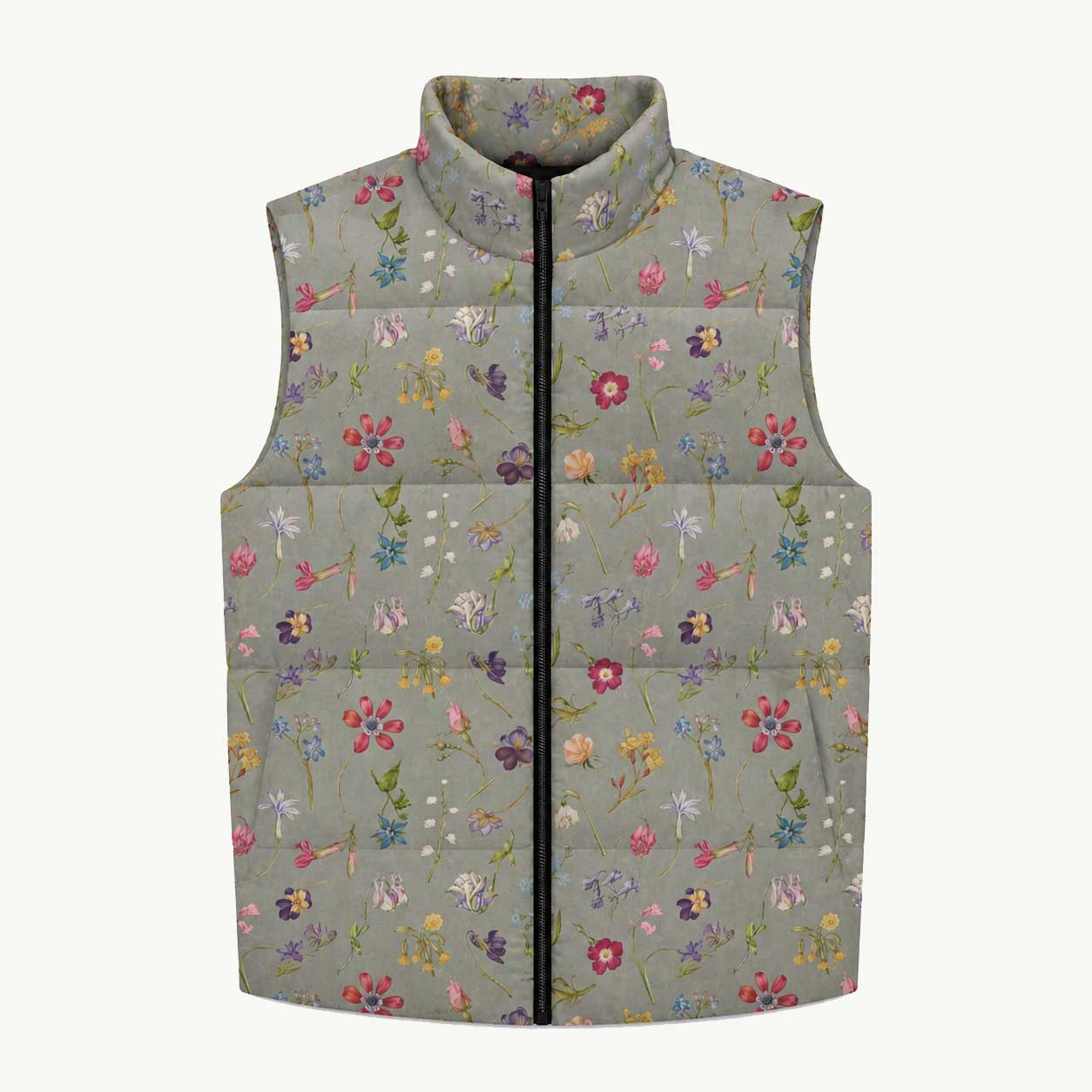 Hibis-Kiss Me Puffy Vest featuring Moody pale blue background with jewel-bright painted flower specimens from a 16th century Flemish illuminated manuscript in rich, vivid colours, women’s puffy vest