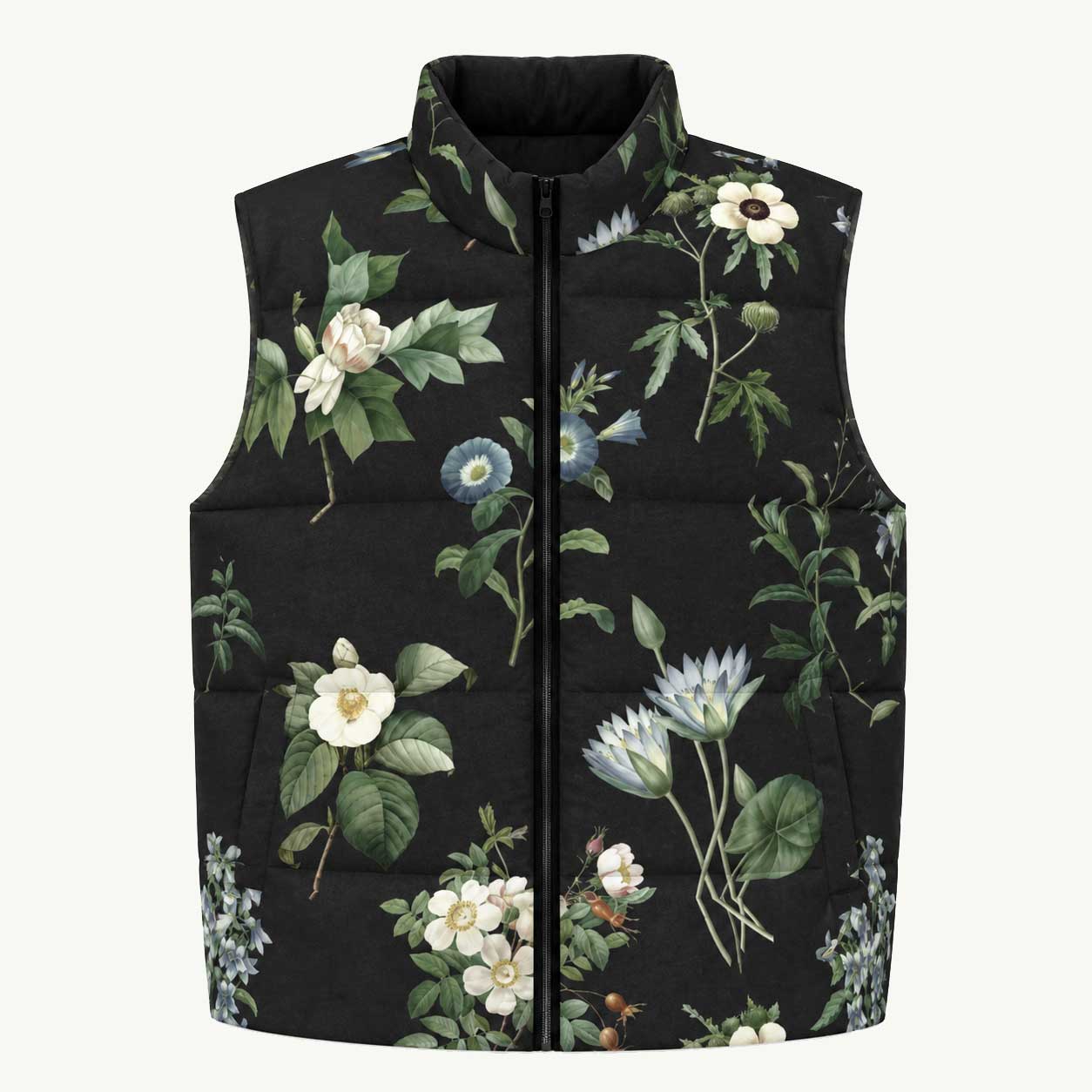 I Beg Your Garden Blue Puffy Vest featuring Striking black background with curated blue and white botanical illustrations by Pierre-Joseph Redouté, the celebrated 19th century court botanical painter, women’s puffy vest