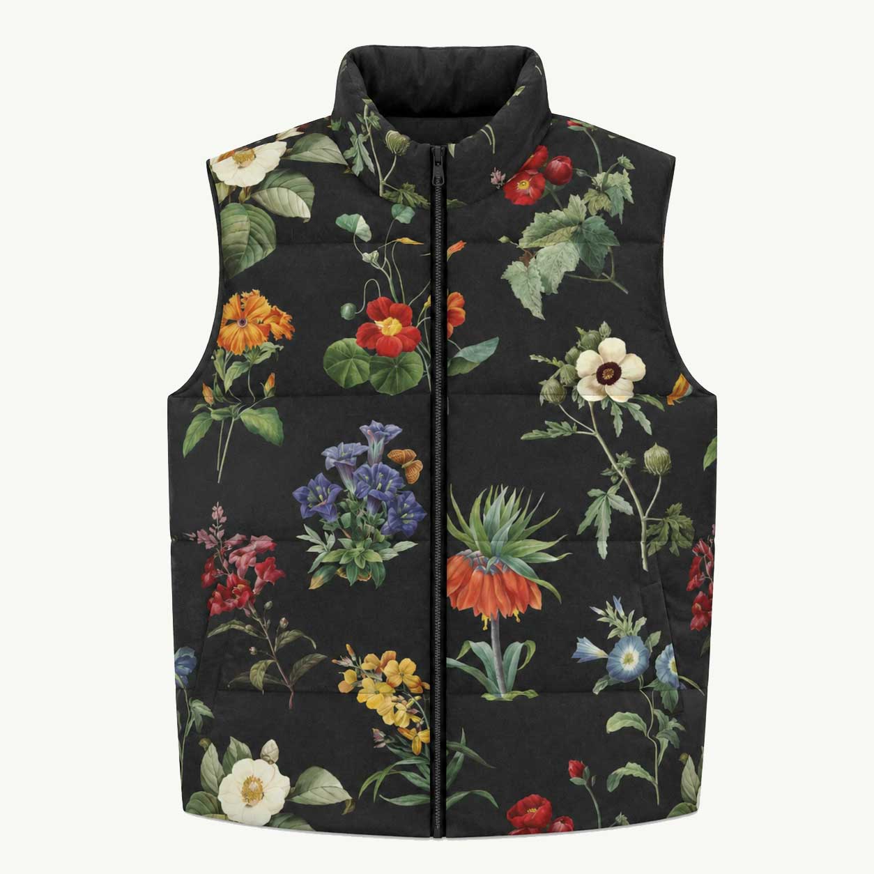 I Beg Your Garden Puffy Vest featuring Bold black background with the full rich colour palette of Pierre-Joseph Redouté's celebrated 19th century royal botanical illustrations in jewel-bright tones, women’s puffy vest