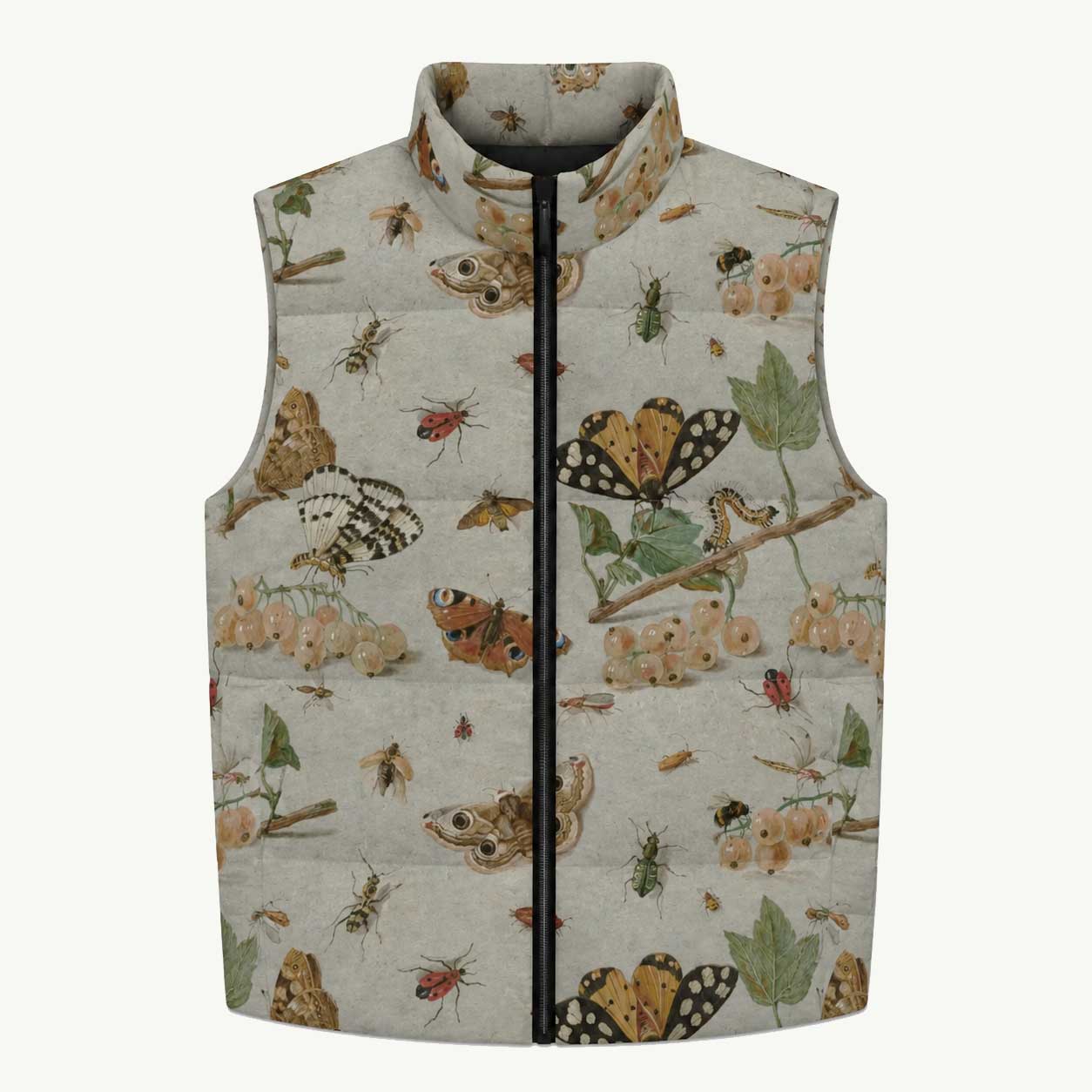 Moth-ly Crew Puffy Vest featuring vintage artwork design, women’s puffy vest