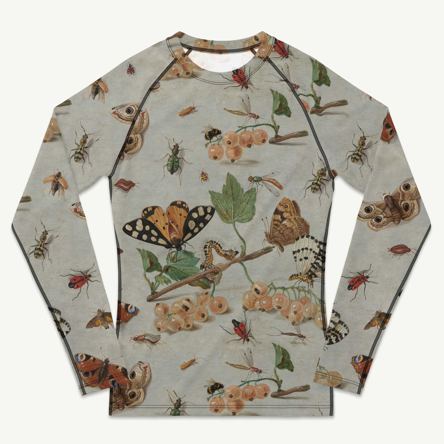 Moth'ly Crew Rash Guard featuring Warm cream background with a detailed 17th century Flemish copper plate still life of white currants, moths and insects in browns, oranges and hints of red and green, women’s rash guard