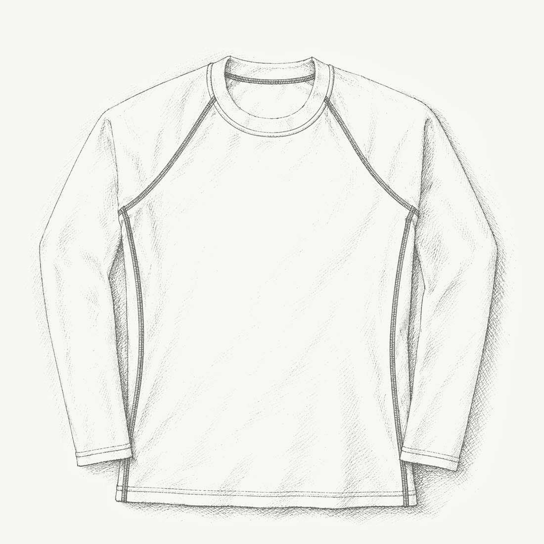 Line drawing of a long-sleeve rash guard on a white background