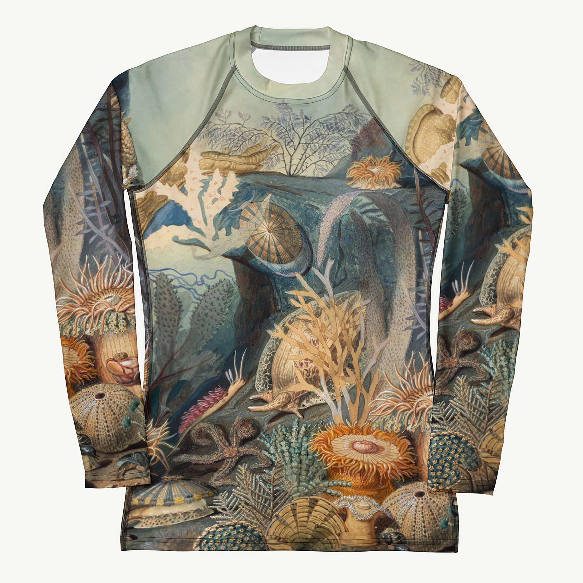 A Cry for Kelp Rash Guard featuring Rich, colourful underwater scene featuring seahorses, molluscs, crustaceans, kelp and coral in a dense, teeming Victorian scientific illustration style, women’s rash guard in vintage print