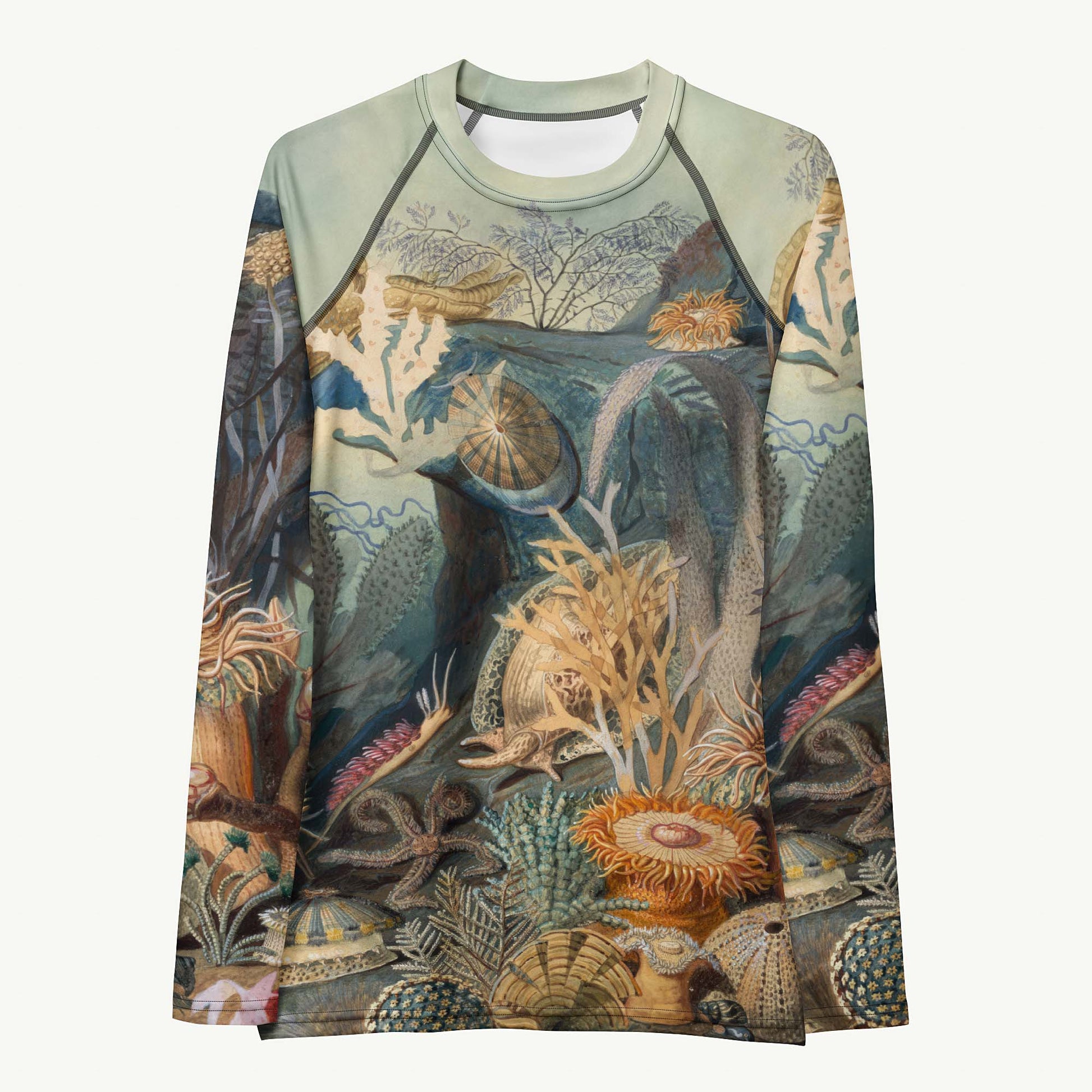 A Cry for Kelp Rash Guard featuring Rich, colourful underwater scene featuring seahorses, molluscs, crustaceans, kelp and coral in a dense, teeming Victorian scientific illustration style, women’s rash guard in vintage print