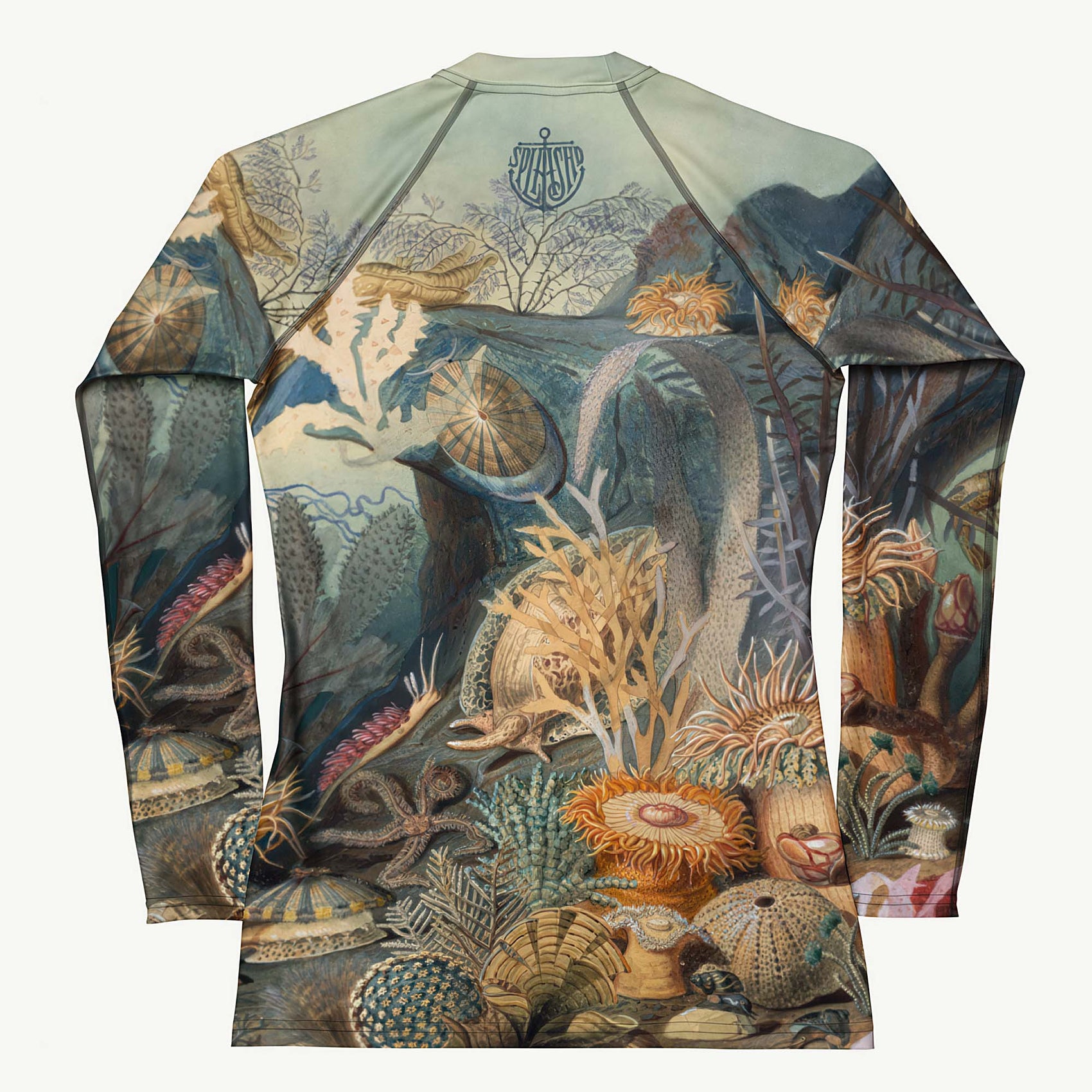 A Cry for Kelp Rash Guard featuring Rich, colourful underwater scene featuring seahorses, molluscs, crustaceans, kelp and coral in a dense, teeming Victorian scientific illustration style, women’s rash guard in vintage print