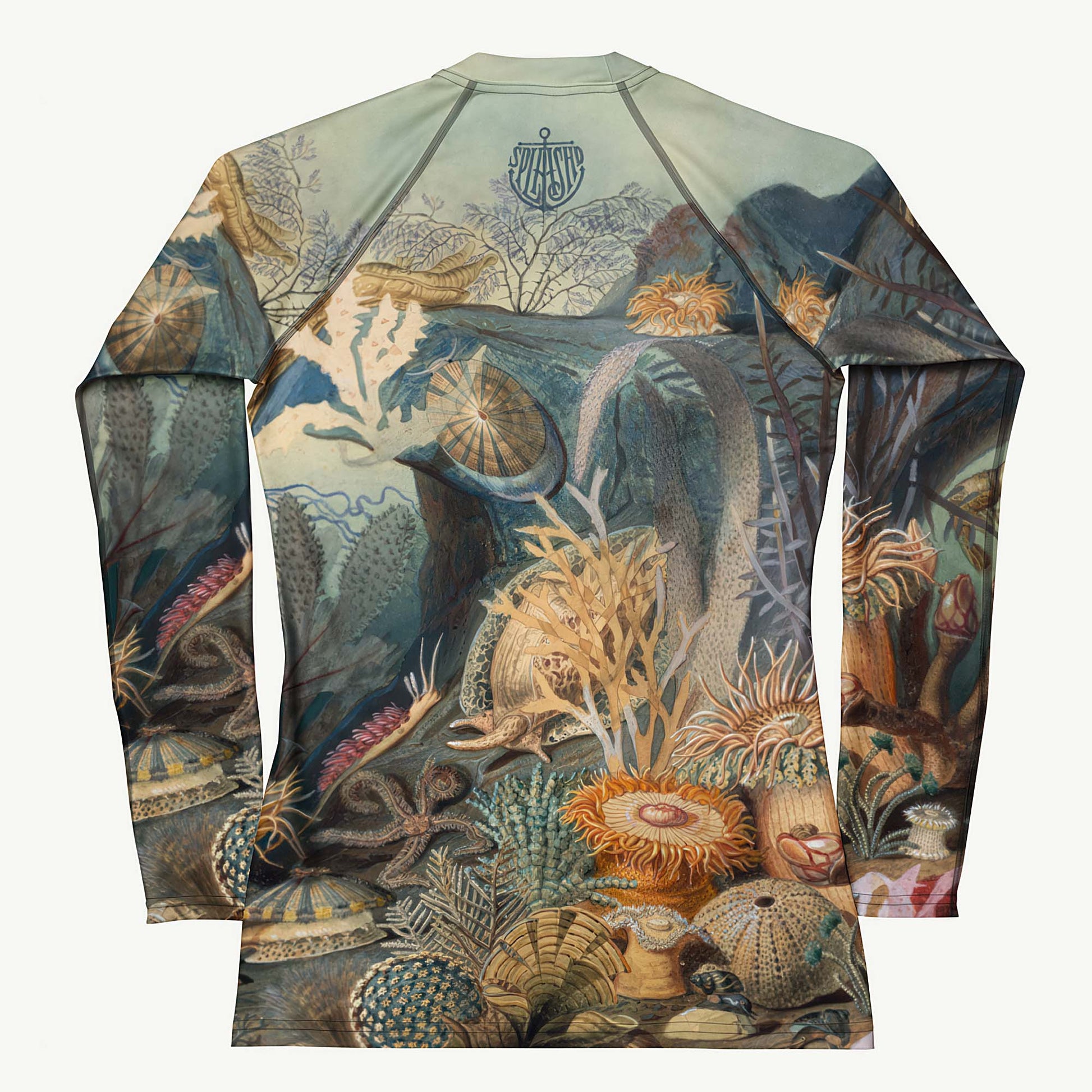 A Cry for Kelp Rash Guard featuring Rich, colourful underwater scene featuring seahorses, molluscs, crustaceans, kelp and coral in a dense, teeming Victorian scientific illustration style, women’s rash guard in vintage print