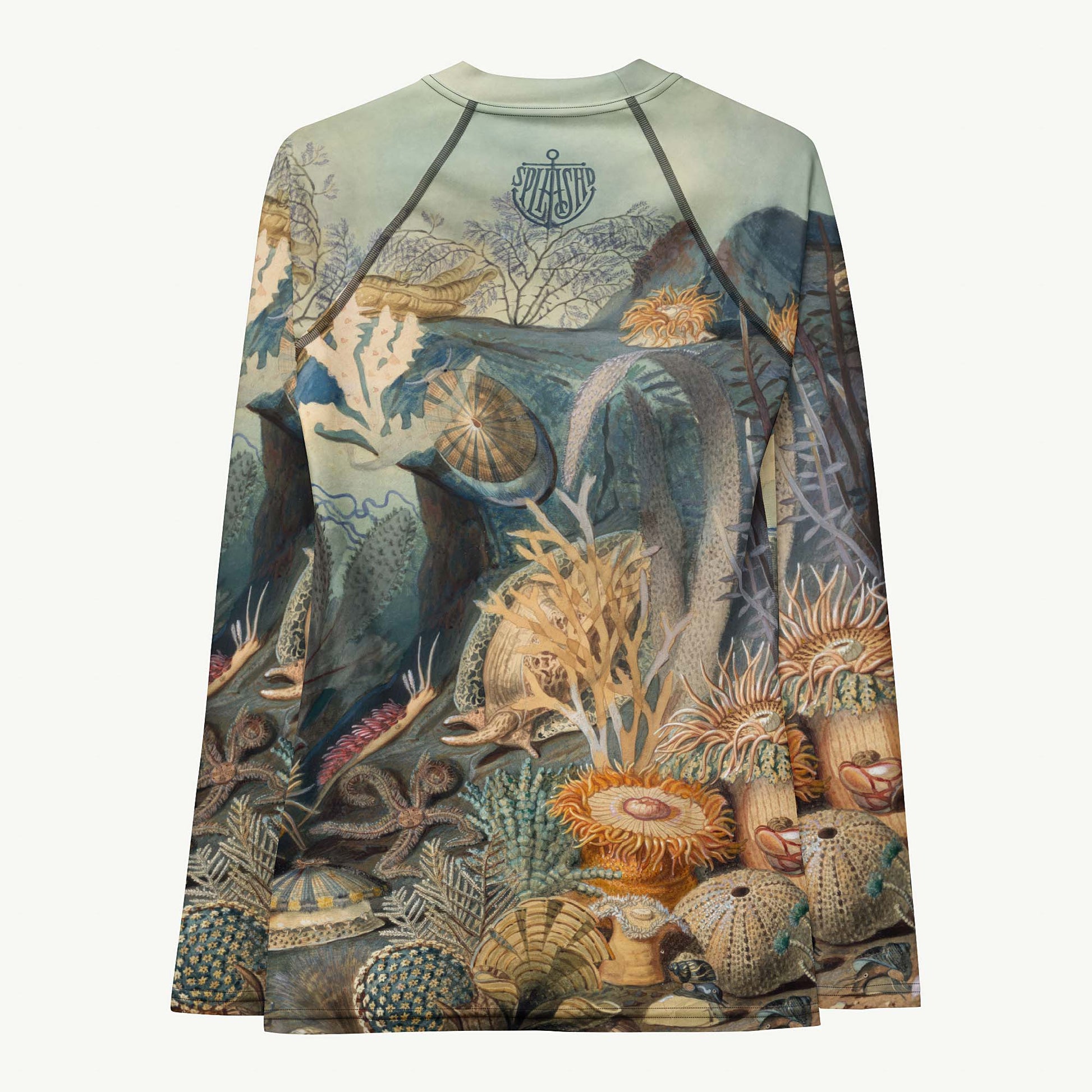 A Cry for Kelp Rash Guard featuring Rich, colourful underwater scene featuring seahorses, molluscs, crustaceans, kelp and coral in a dense, teeming Victorian scientific illustration style, women’s rash guard in vintage print