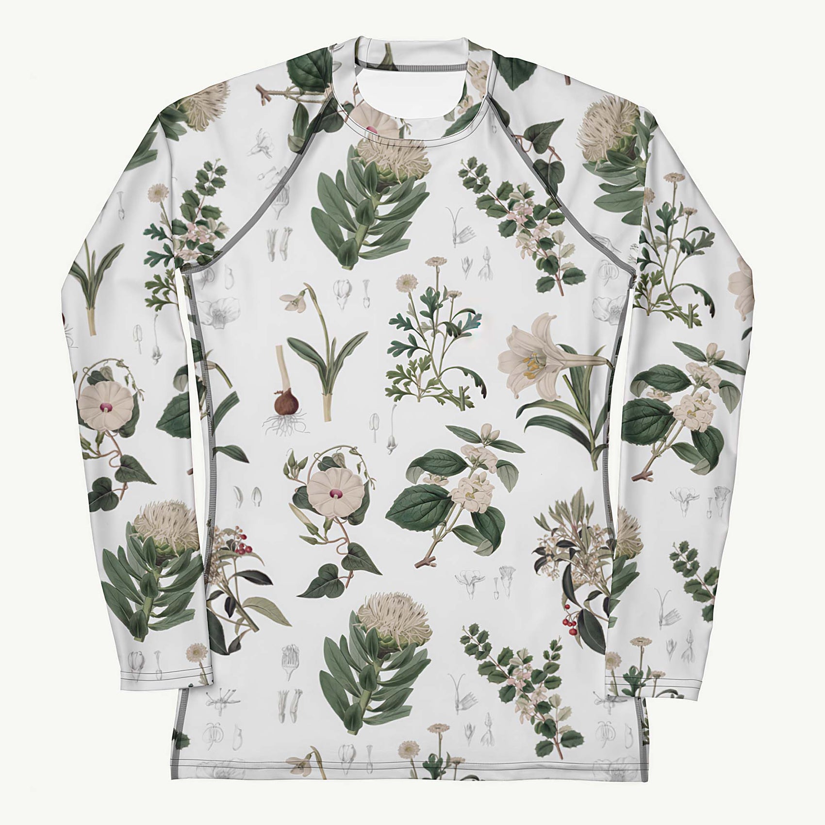 Botany + Clyde Rash Guard featuring Clean white and green botanical engraving print featuring hand coloured white flowering plants from early 1800s Great Britain in a fresh, peaceful style, women’s rash guard in vintage print