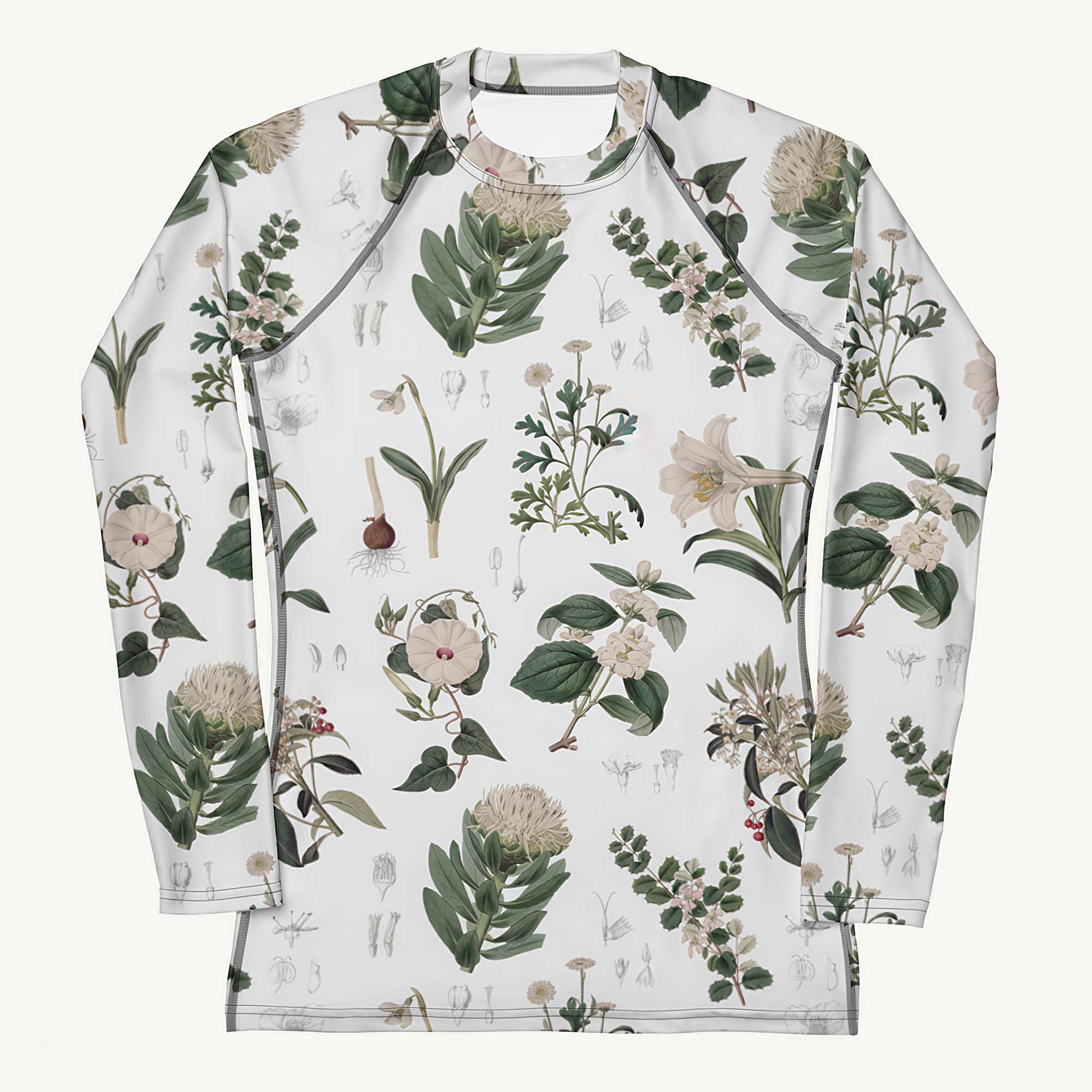 Botany + Clyde Rash Guard featuring Clean white and green botanical engraving print featuring hand coloured white flowering plants from early 1800s Great Britain in a fresh, peaceful style, women’s rash guard in vintage print