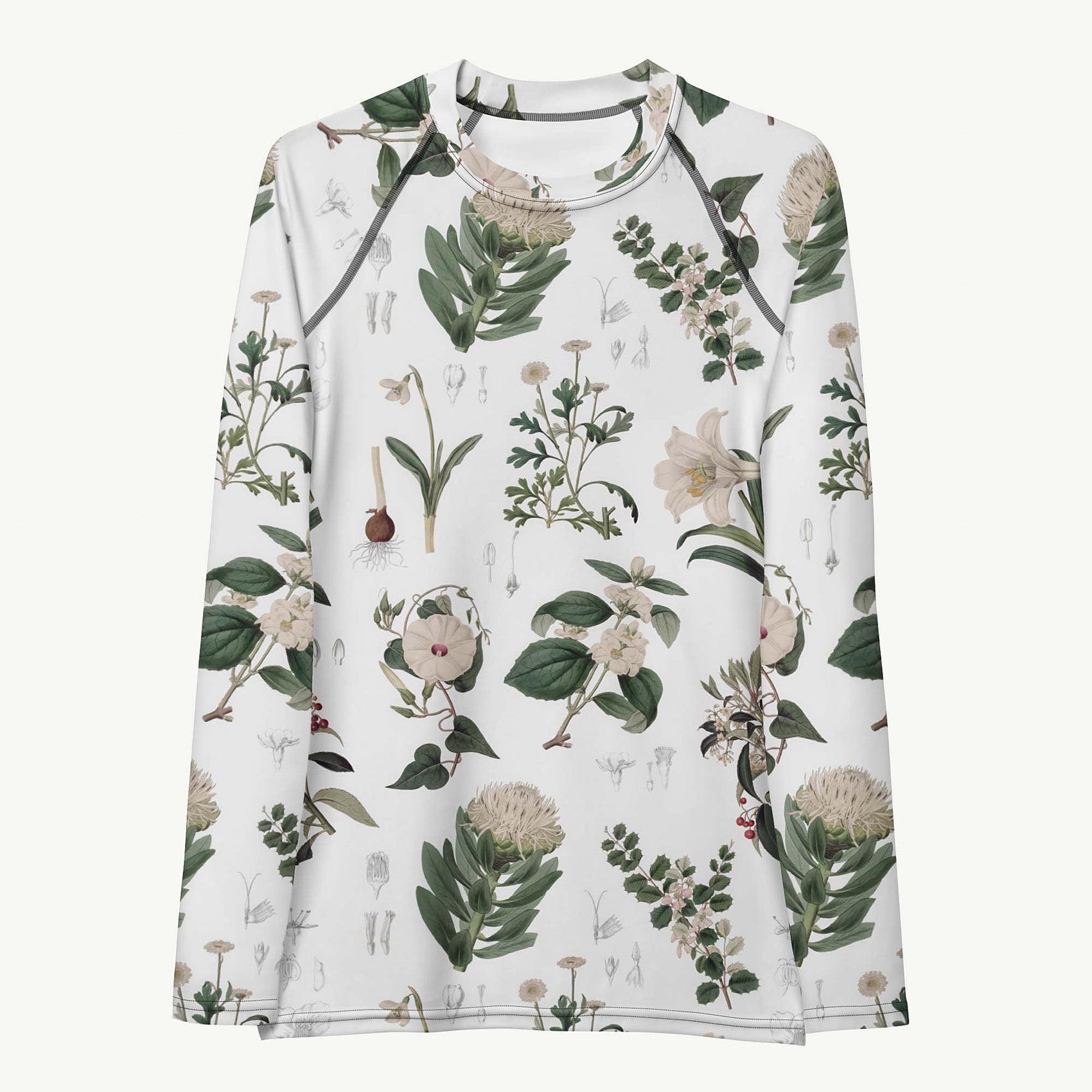 Botany + Clyde Rash Guard featuring Clean white and green botanical engraving print featuring hand coloured white flowering plants from early 1800s Great Britain in a fresh, peaceful style, women’s rash guard in vintage print