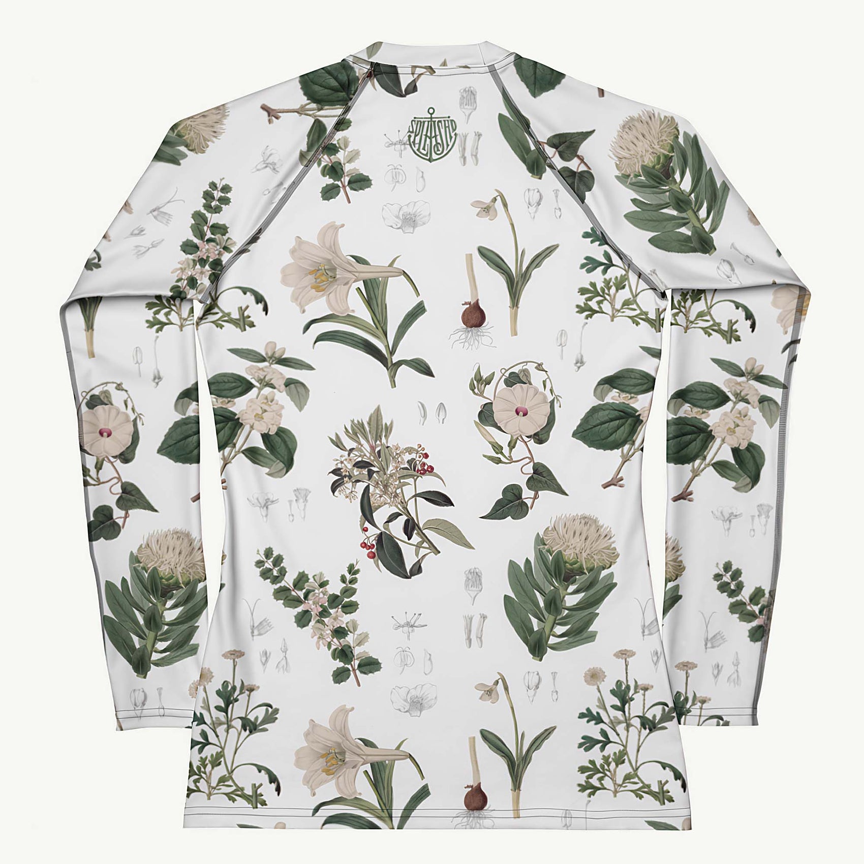 Botany + Clyde Rash Guard featuring Clean white and green botanical engraving print featuring hand coloured white flowering plants from early 1800s Great Britain in a fresh, peaceful style, women’s rash guard in vintage print