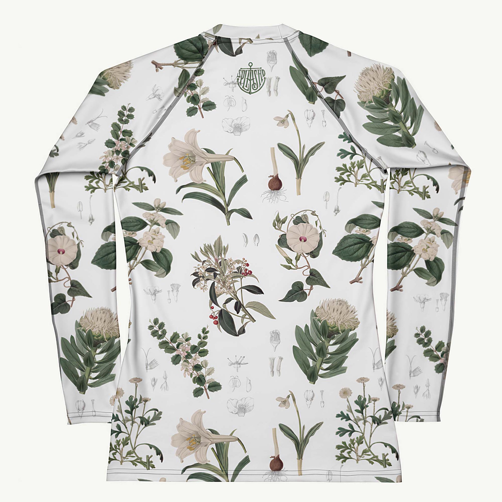 Botany + Clyde Rash Guard featuring Clean white and green botanical engraving print featuring hand coloured white flowering plants from early 1800s Great Britain in a fresh, peaceful style, women’s rash guard in vintage print