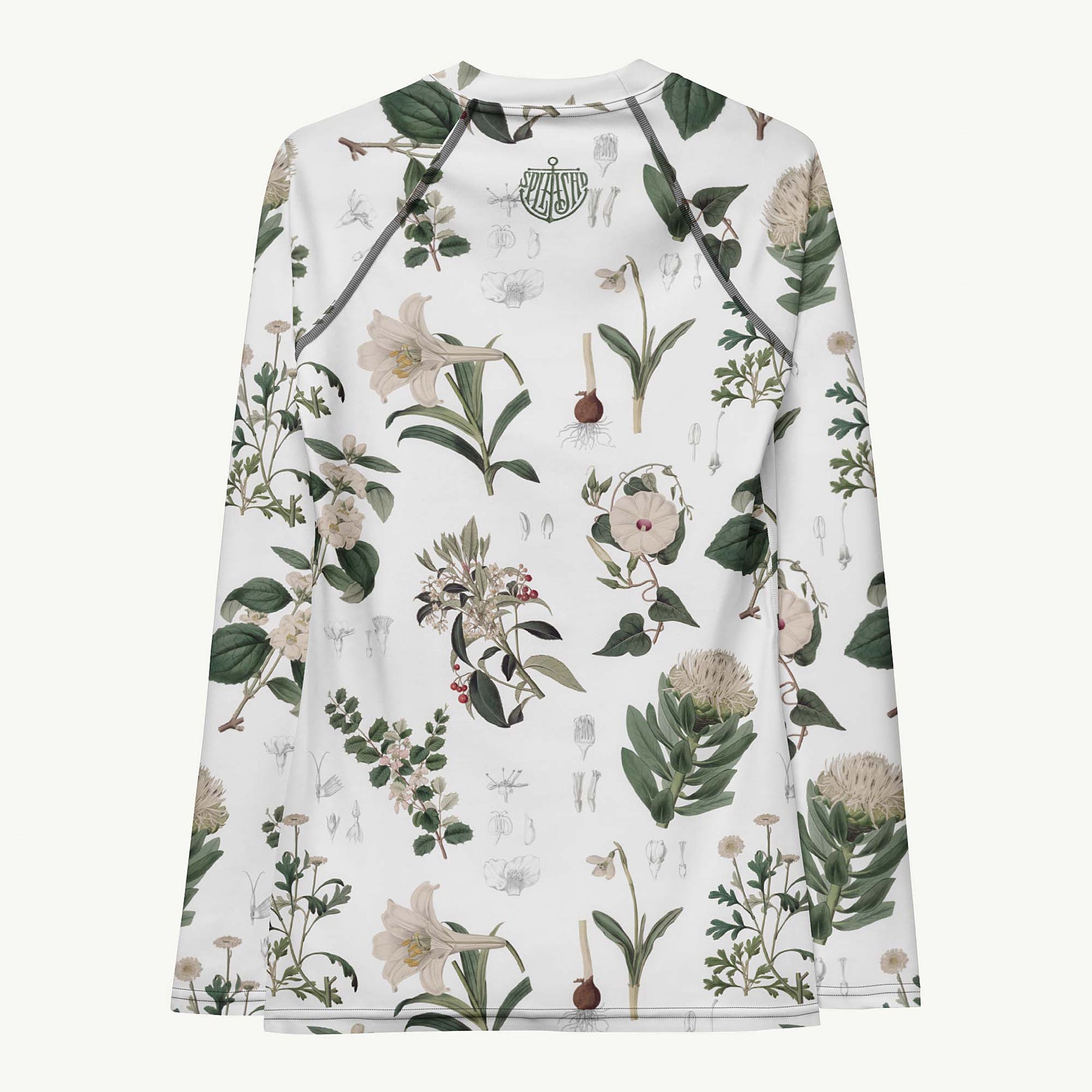 Botany + Clyde Rash Guard featuring Clean white and green botanical engraving print featuring hand coloured white flowering plants from early 1800s Great Britain in a fresh, peaceful style, women’s rash guard in vintage print