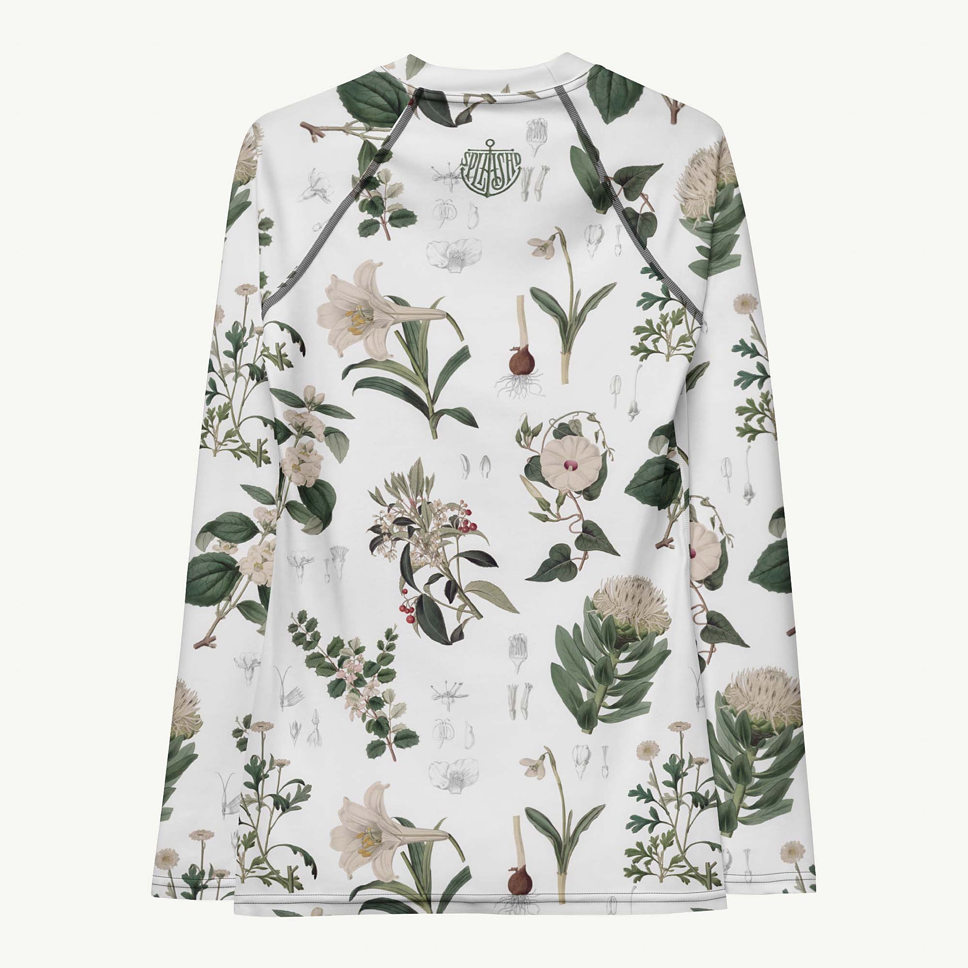 Botany + Clyde Rash Guard featuring Clean white and green botanical engraving print featuring hand coloured white flowering plants from early 1800s Great Britain in a fresh, peaceful style, women’s rash guard in vintage print