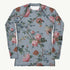 Bud-ding Romance in Blue Rash Guard featuring Dreamy blue background with trailing pink roses and blue morning glory on a vine, taken from a 1790 French woodblock printed wallpaper, women’s rash guard