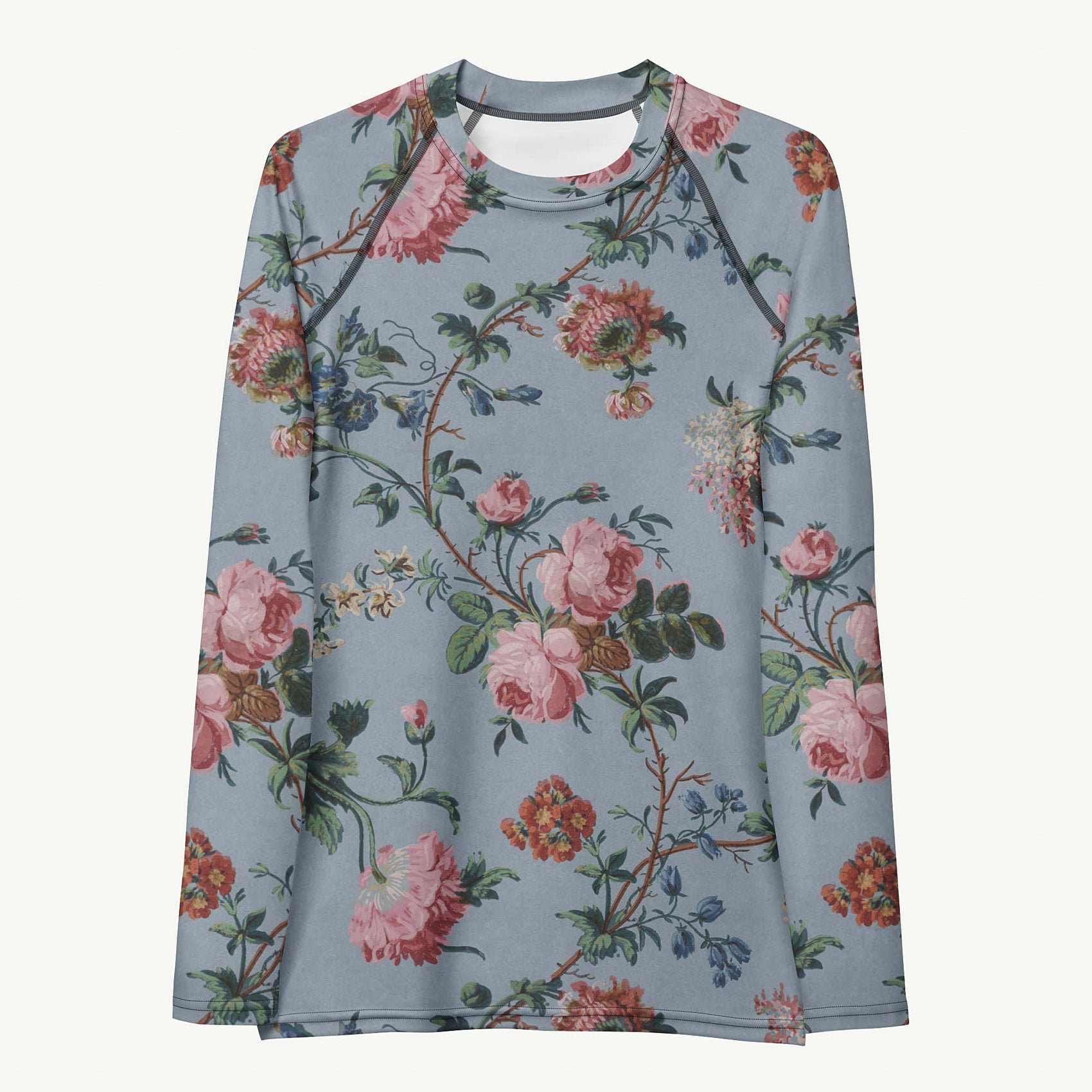 Bud-ding Romance in Blue Rash Guard featuring Dreamy blue background with trailing pink roses and blue morning glory on a vine, taken from a 1790 French woodblock printed wallpaper, lightweight women’s rash guard
