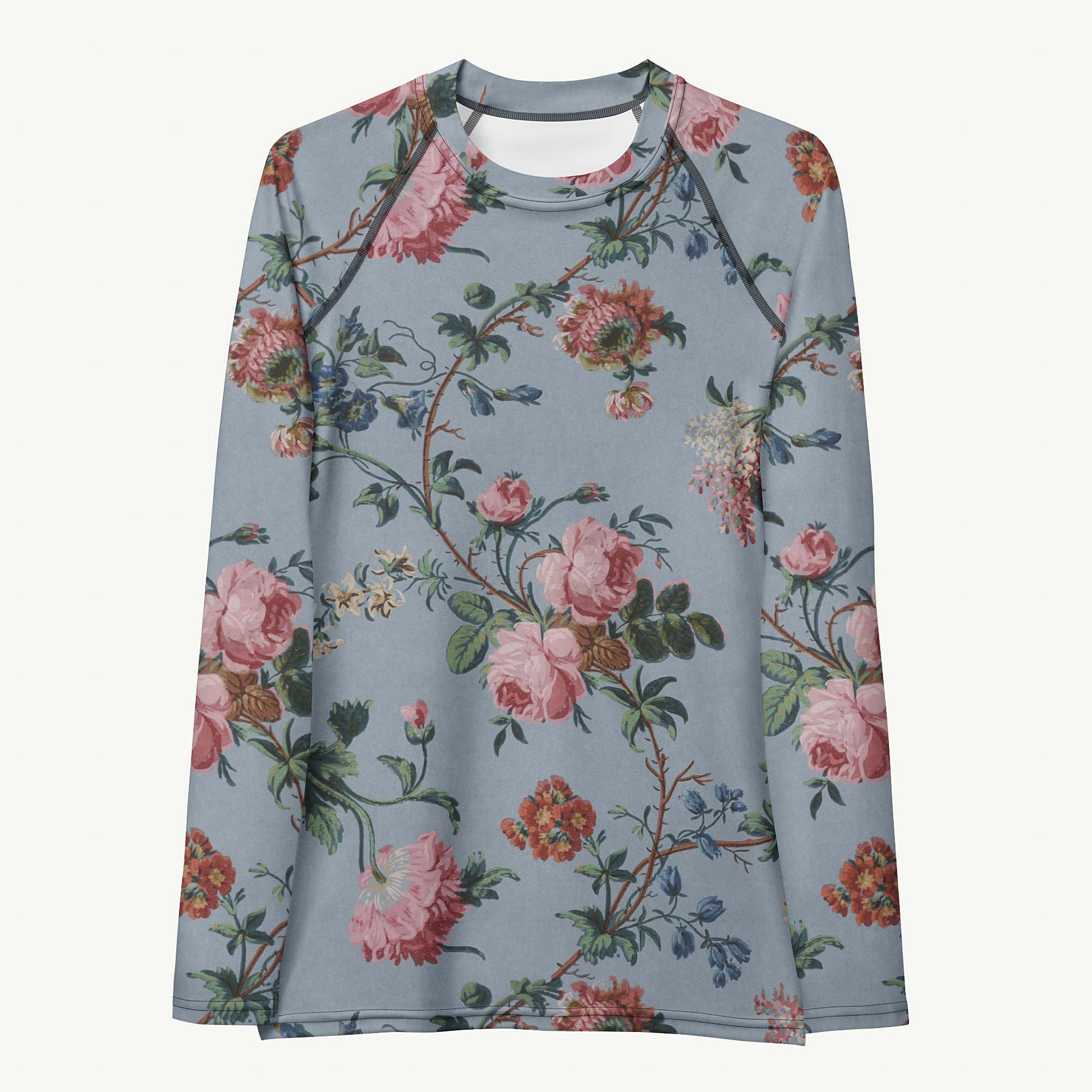 Bud-ding Romance in Blue Rash Guard featuring Dreamy blue background with trailing pink roses and blue morning glory on a vine, taken from a 1790 French woodblock printed wallpaper, lightweight women’s rash guard