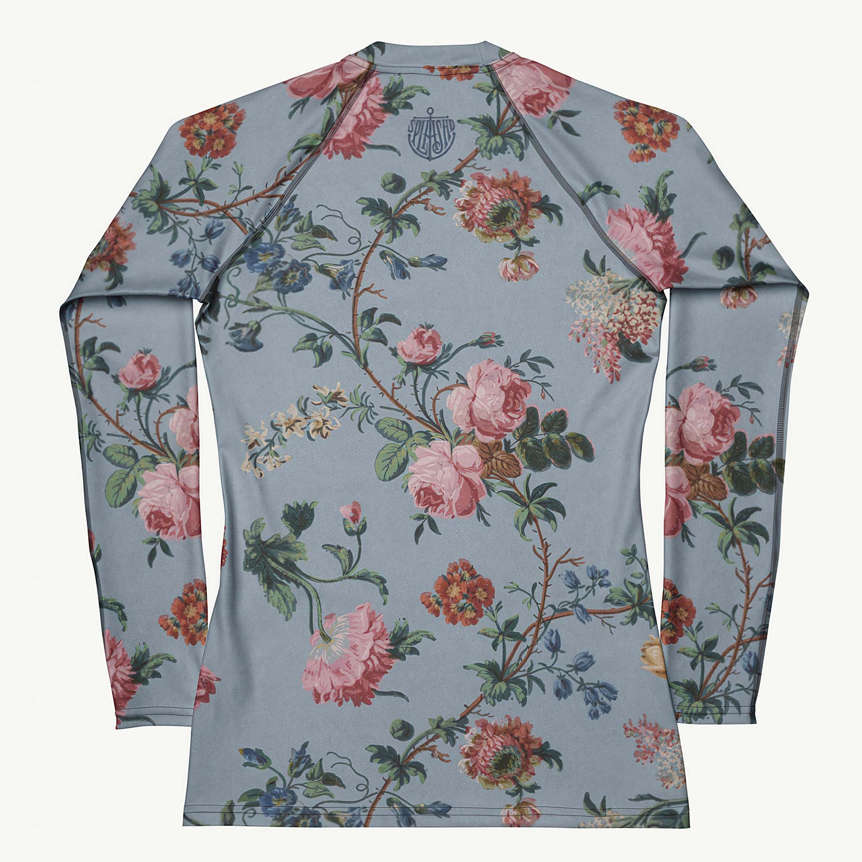 Bud-ding Romance in Blue Rash Guard featuring Dreamy blue background with trailing pink roses and blue morning glory on a vine, taken from a 1790 French woodblock printed wallpaper, women’s rash guard in vintage print