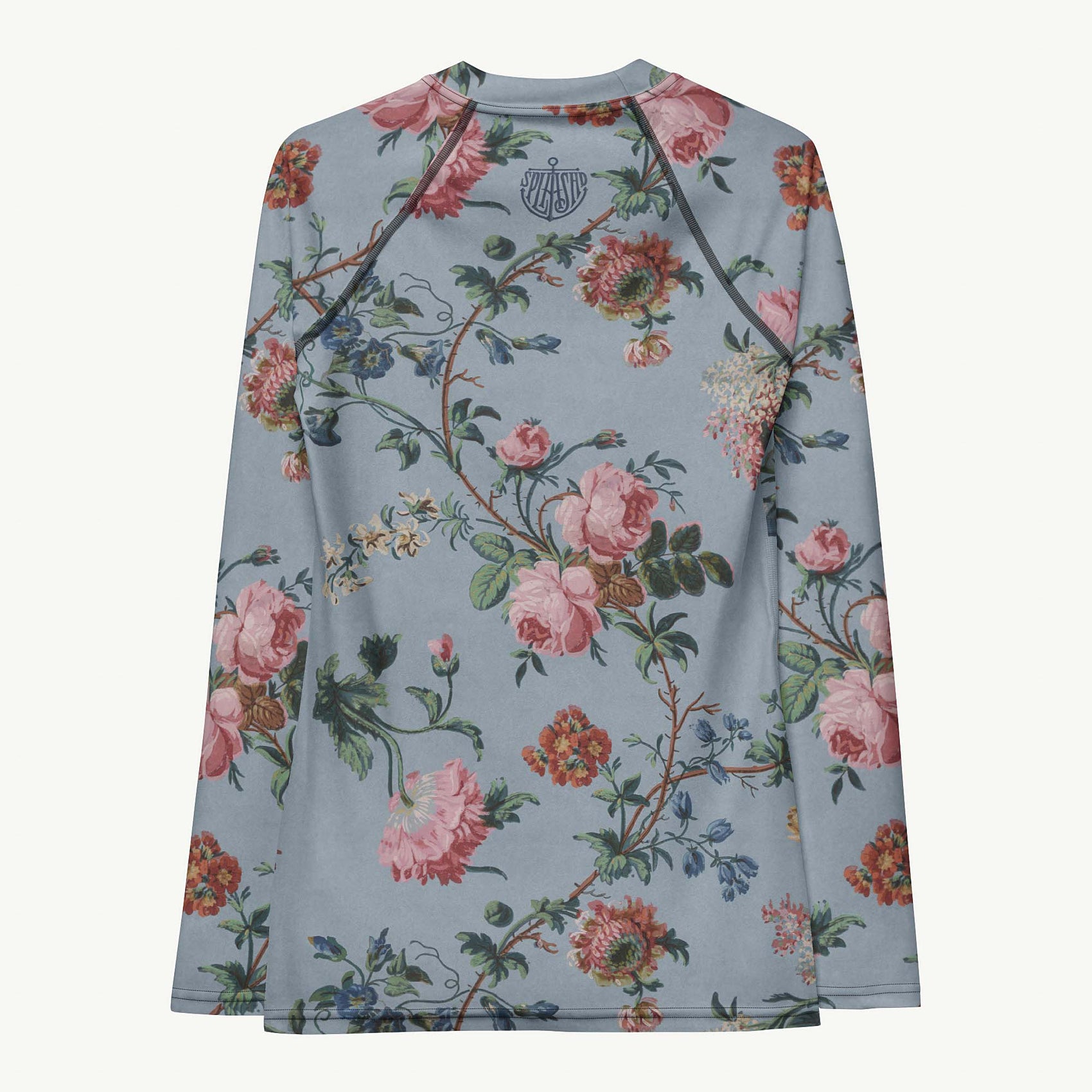 Bud-ding Romance in Blue Rash Guard featuring Dreamy blue background with trailing pink roses and blue morning glory on a vine, taken from a 1790 French woodblock printed wallpaper, women’s rash guard with detailed artwork