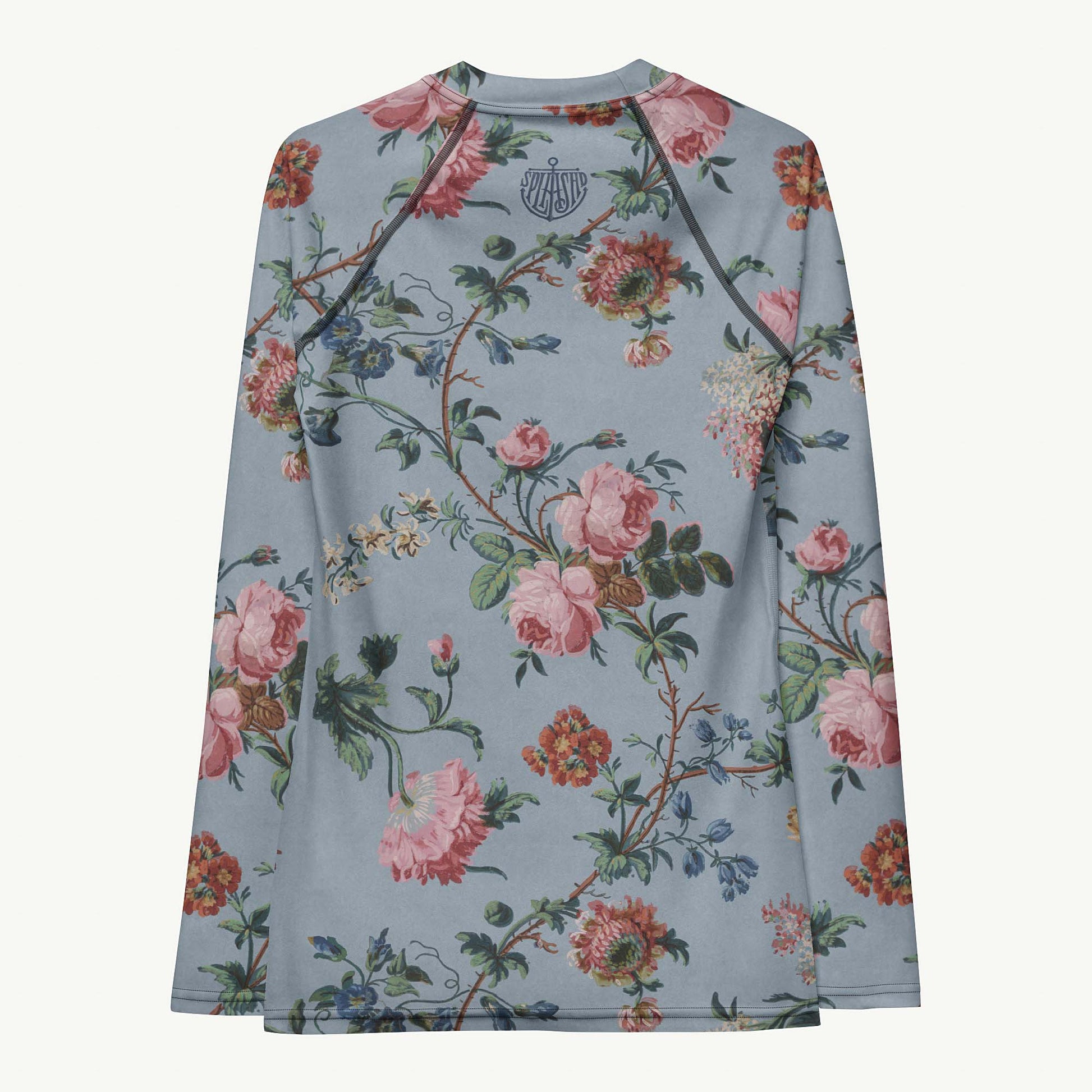 Bud-ding Romance in Blue Rash Guard featuring Dreamy blue background with trailing pink roses and blue morning glory on a vine, taken from a 1790 French woodblock printed wallpaper, women’s rash guard with detailed artwork