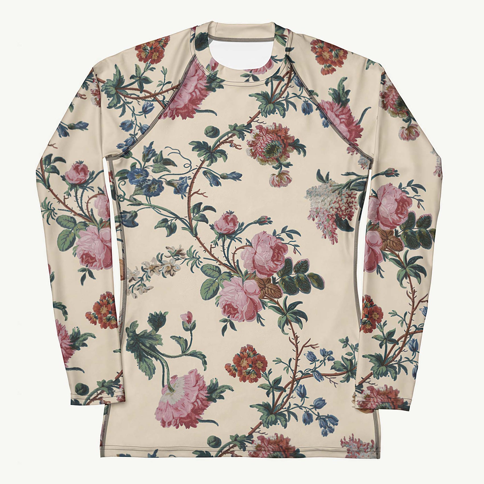 Bud-ding Romance in Cream Rash Guard featuring Warm cream background with trailing pink roses and blue morning glory on a vine, taken from a 1790 French woodblock printed wallpaper, women’s rash guard
