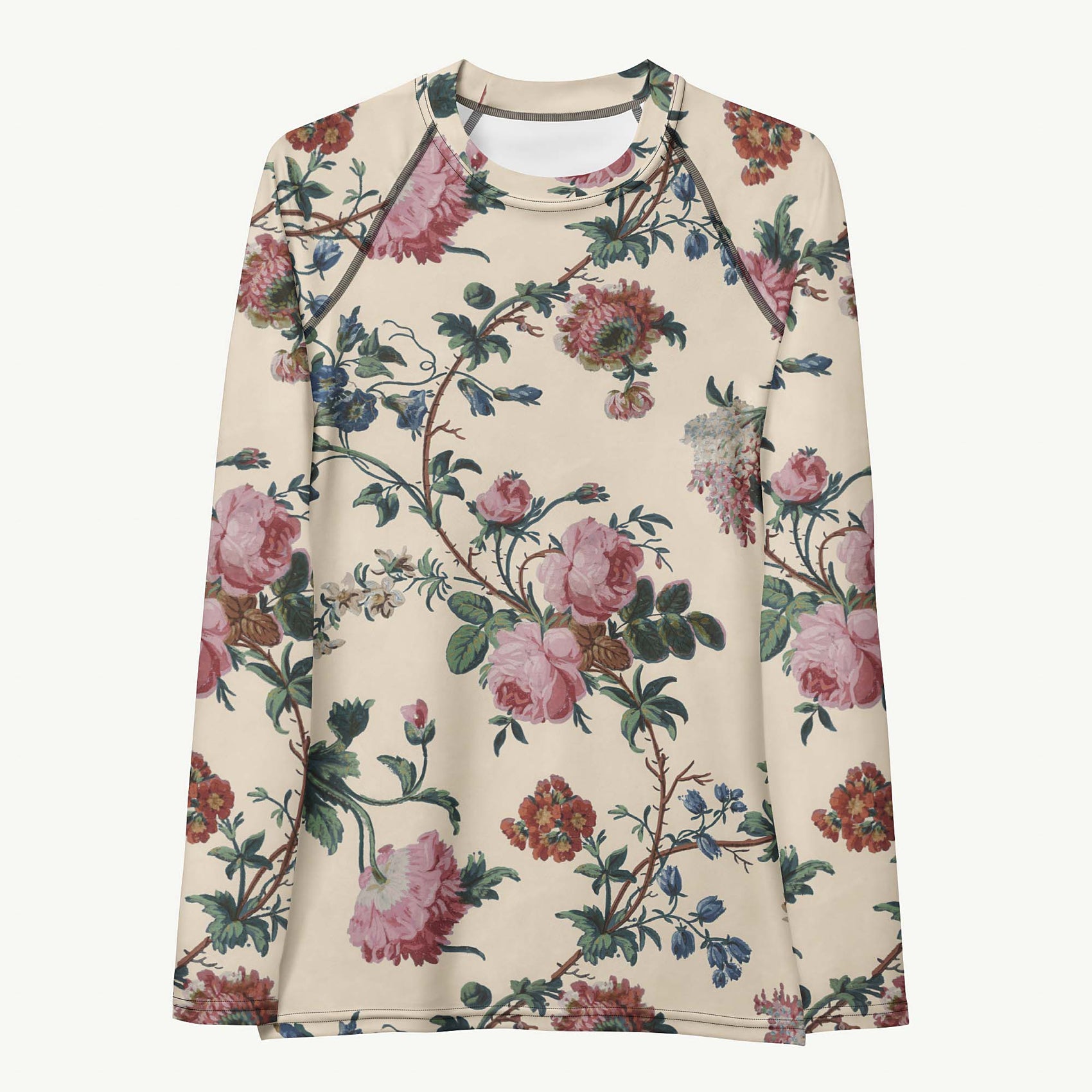 Bud-ding Romance in Cream Rash Guard featuring Warm cream background with trailing pink roses and blue morning glory on a vine, taken from a 1790 French woodblock printed wallpaper, lightweight women’s rash guard