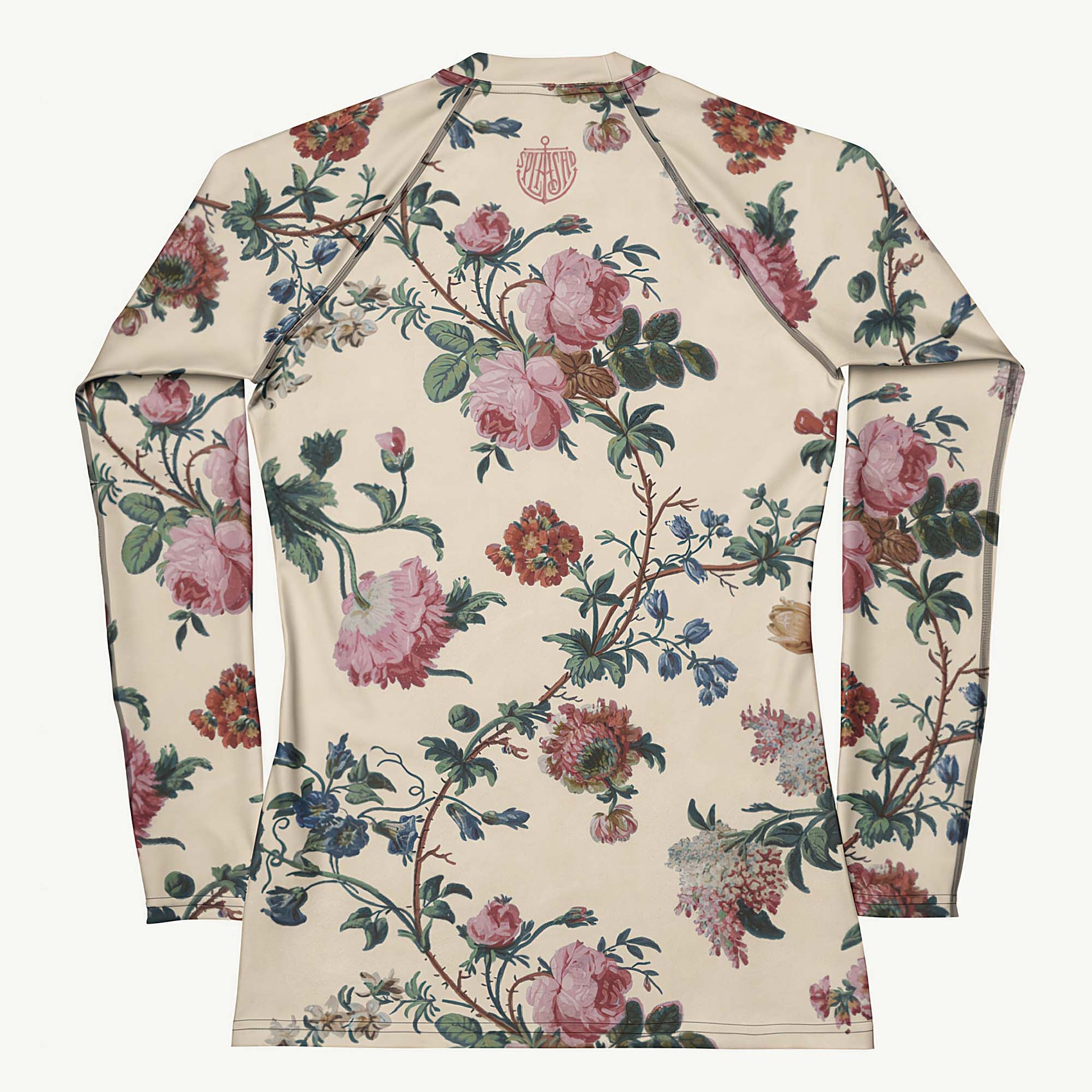 Bud-ding Romance in Cream Rash Guard featuring Warm cream background with trailing pink roses and blue morning glory on a vine, taken from a 1790 French woodblock printed wallpaper, women’s rash guard in vintage print
