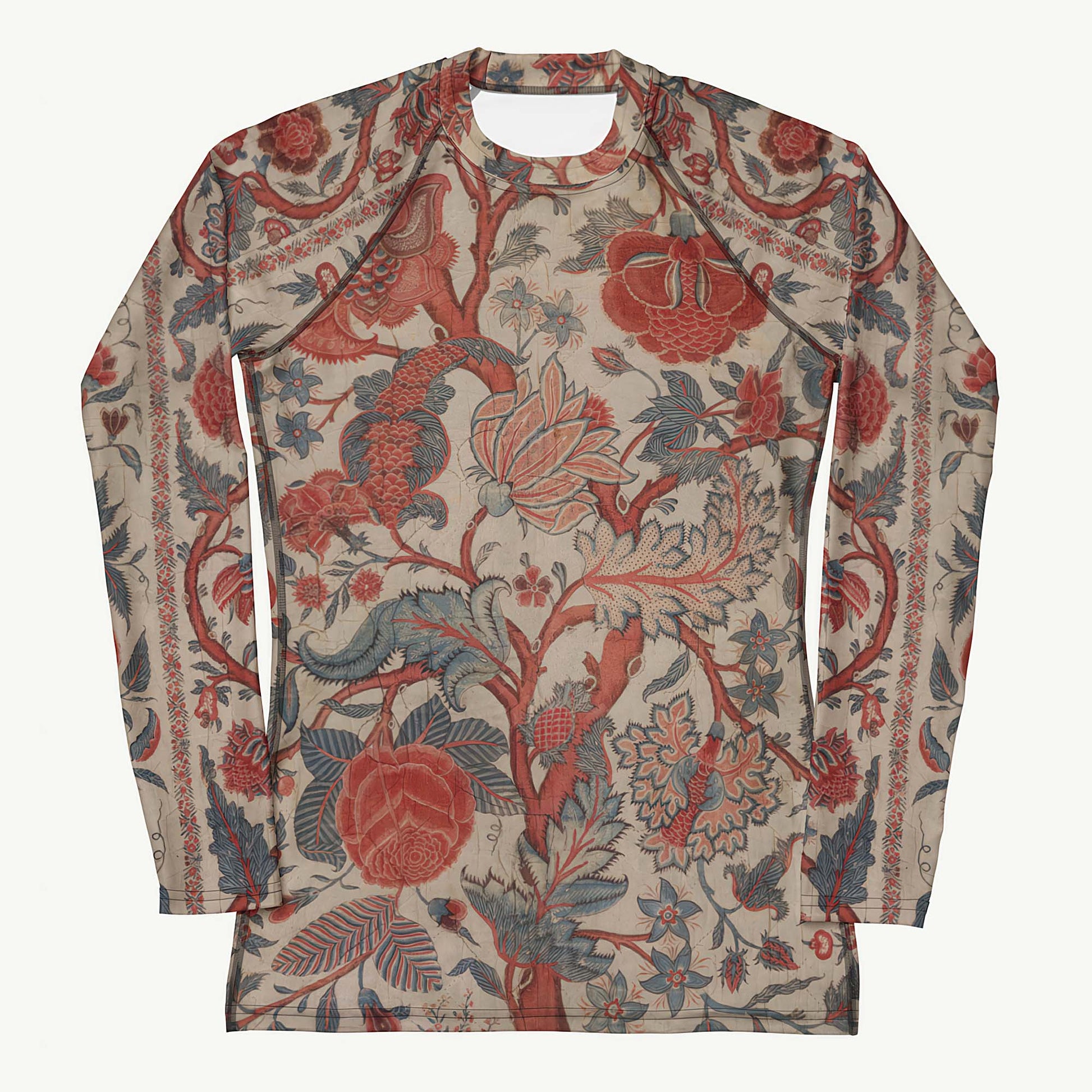 Chintz Charming Rash Guard featuring Rich red and warm cream intricate hand-painted Tree of Life pattern adapted from an 18th century Indian Palampore textile, women’s rash guard