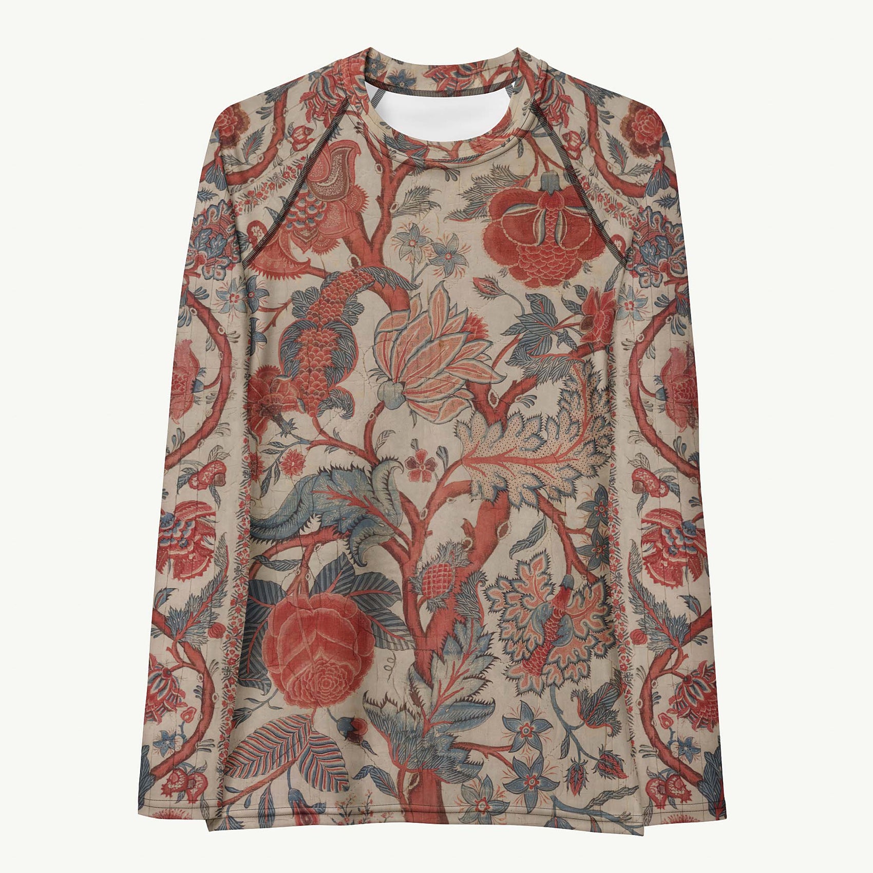 Chintz Charming Rash Guard featuring Rich red and warm cream intricate hand-painted Tree of Life pattern adapted from an 18th century Indian Palampore textile, lightweight women’s rash guard