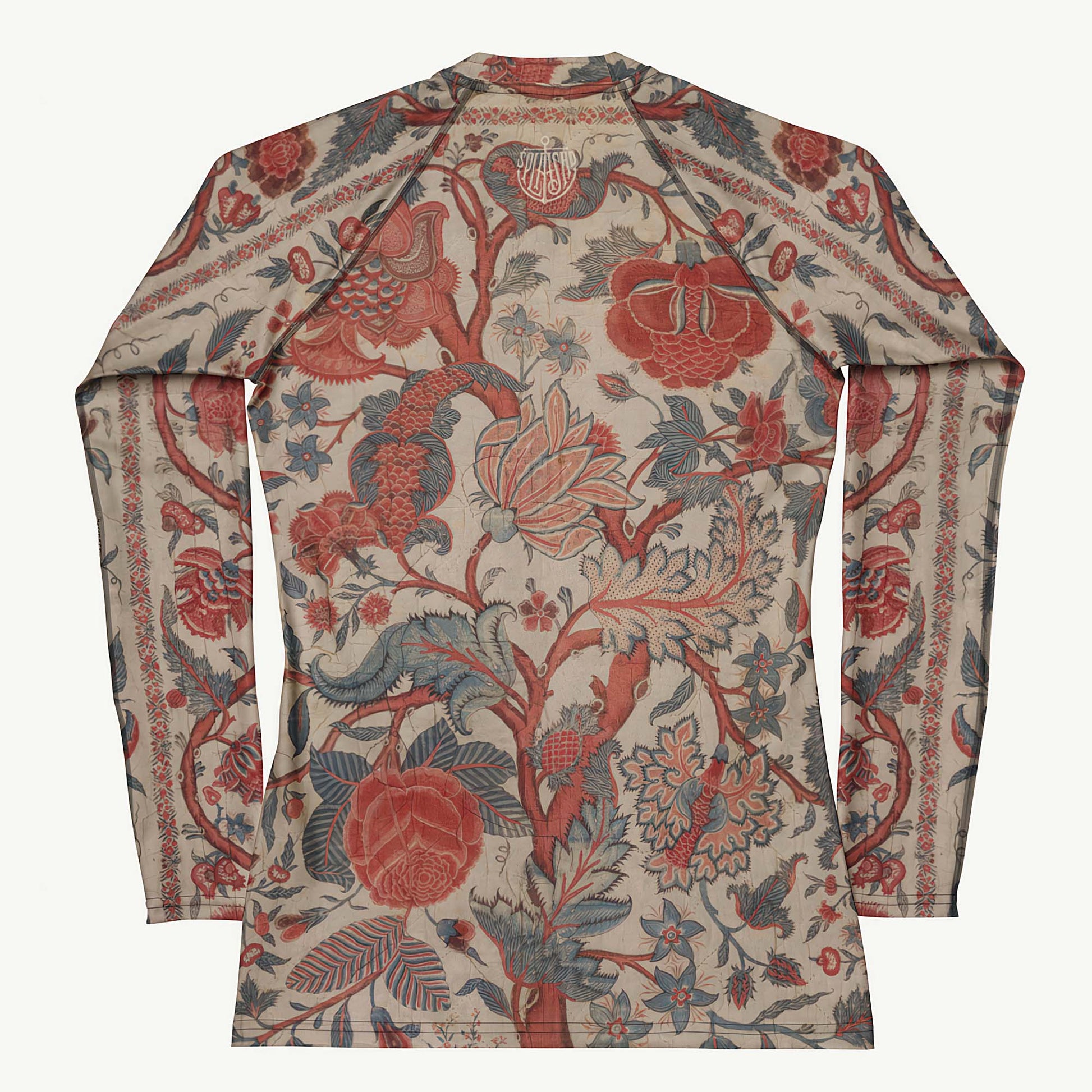 Chintz Charming Rash Guard featuring Rich red and warm cream intricate hand-painted Tree of Life pattern adapted from an 18th century Indian Palampore textile, women’s rash guard in vintage print