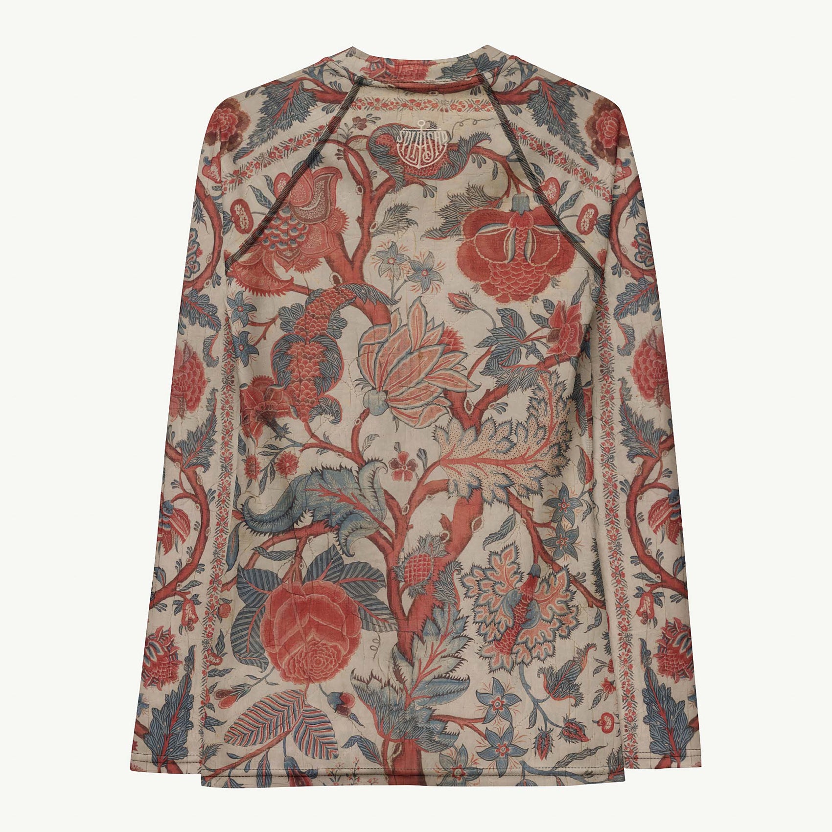 Chintz Charming Rash Guard featuring Rich red and warm cream intricate hand-painted Tree of Life pattern adapted from an 18th century Indian Palampore textile, women’s rash guard with detailed artwork