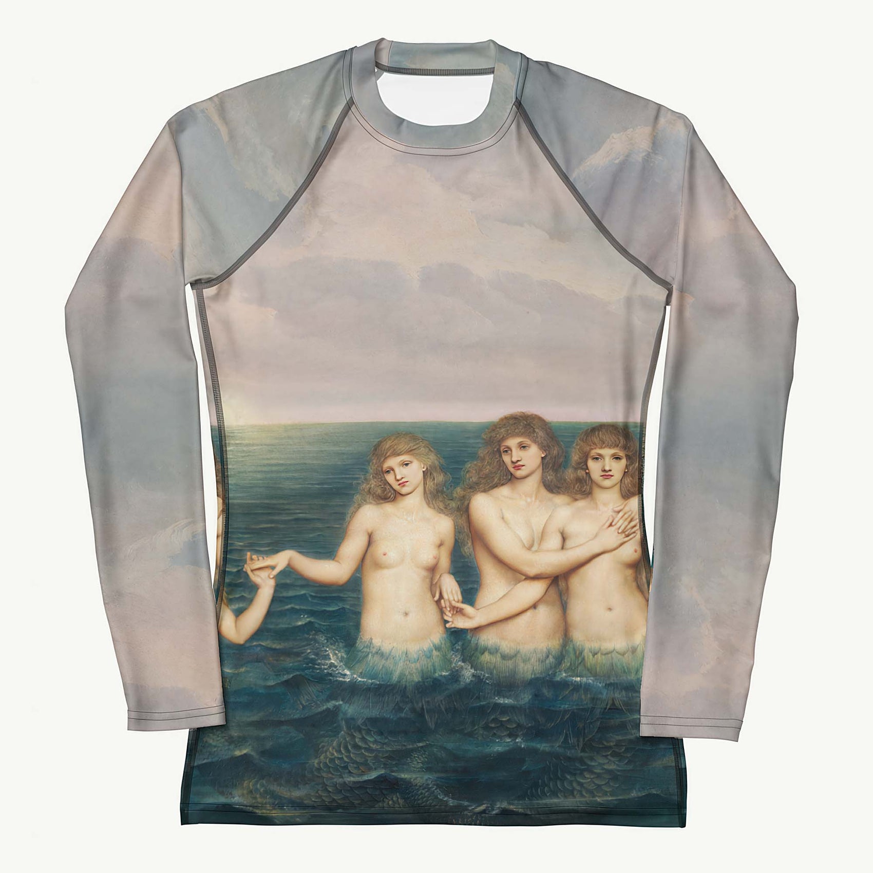 Don't Be Koi Rash Guard featuring Romantic Victorian oil painting of four luminous sea maidens in shallow water beneath moody pink and purple sunset skies, women’s rash guard in vintage print