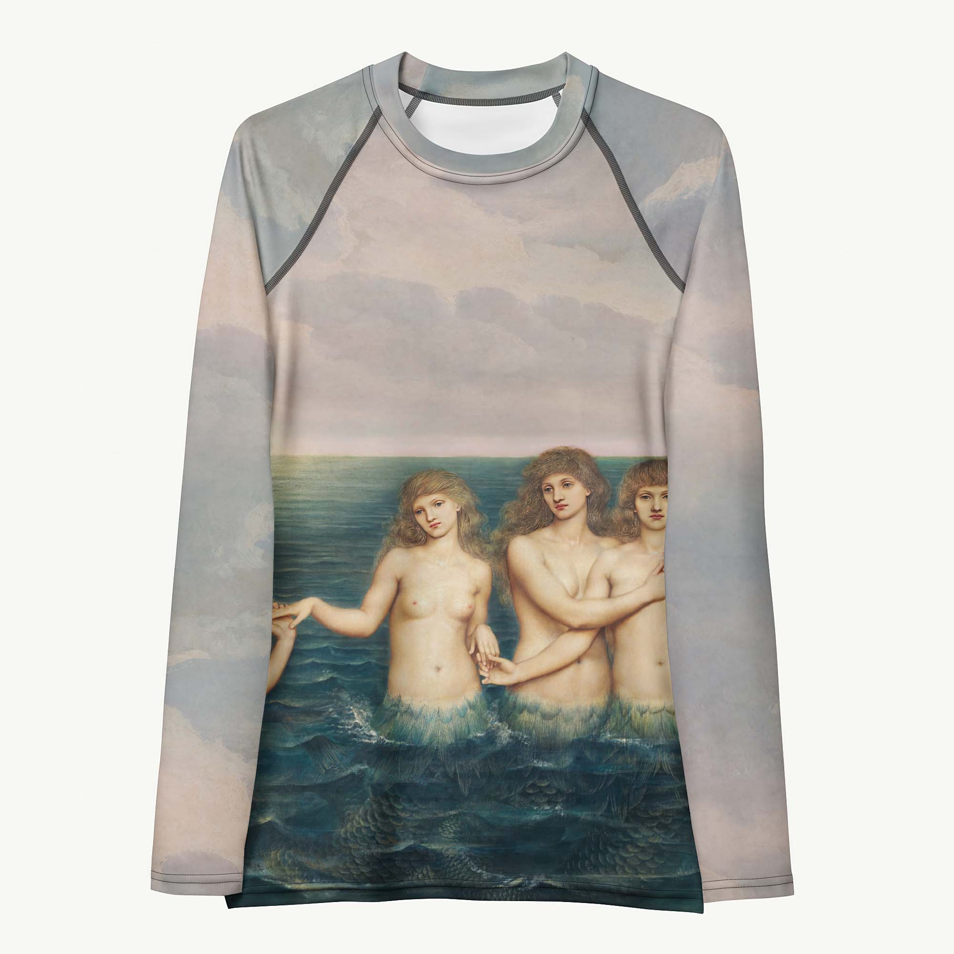 Don't Be Koi Rash Guard featuring Romantic Victorian oil painting of four luminous sea maidens in shallow water beneath moody pink and purple sunset skies, women’s rash guard in vintage print
