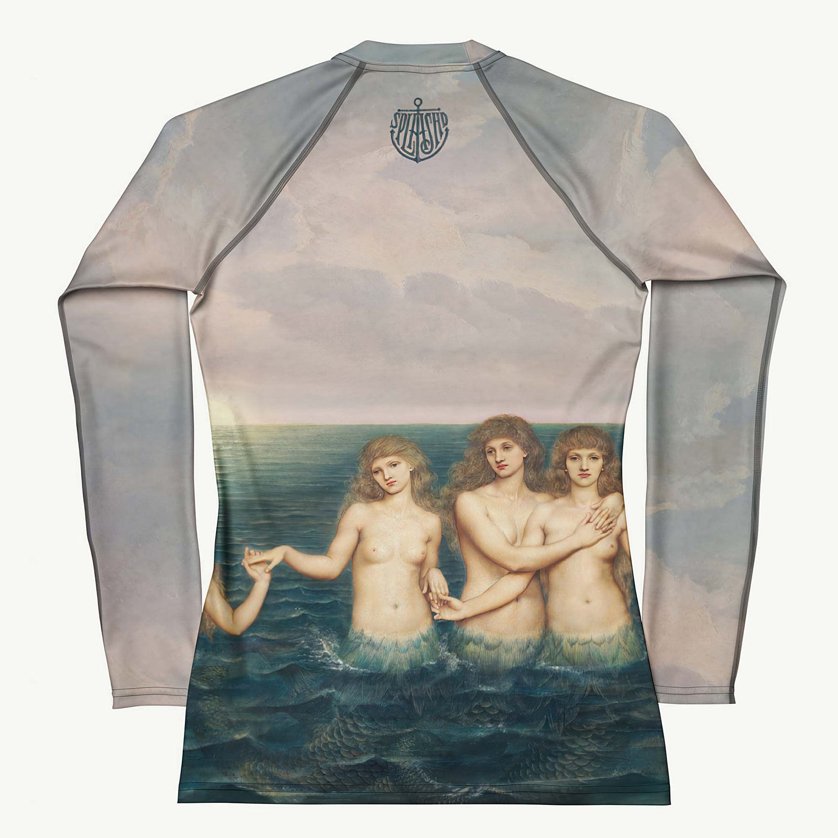 Don't Be Koi Rash Guard featuring Romantic Victorian oil painting of four luminous sea maidens in shallow water beneath moody pink and purple sunset skies, women’s rash guard in vintage print