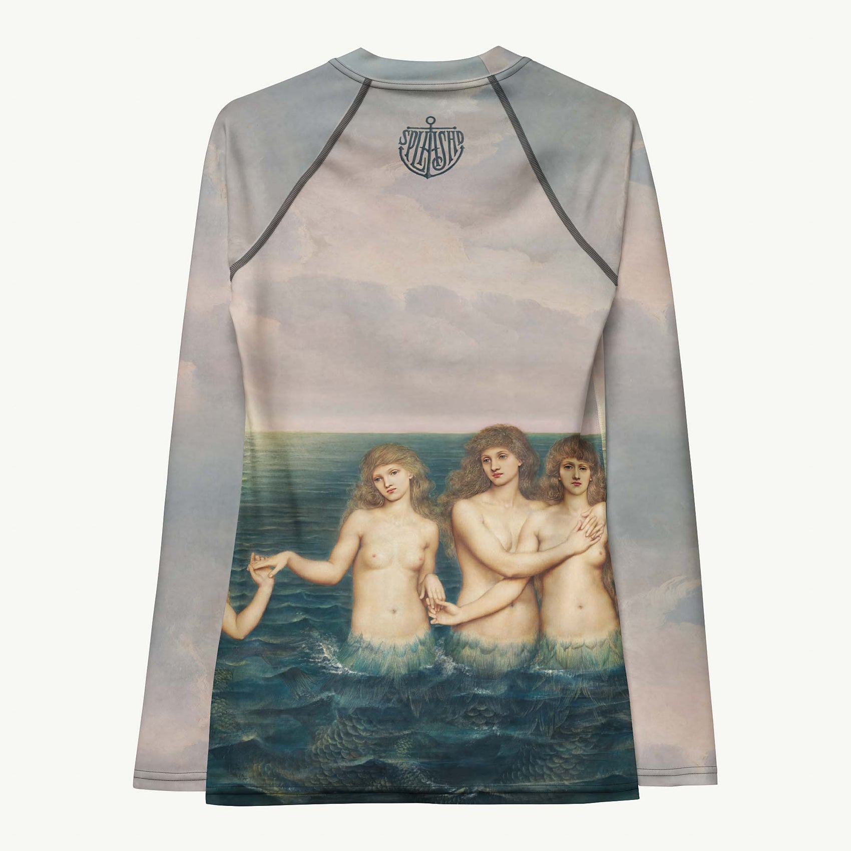 Don't Be Koi Rash Guard featuring Romantic Victorian oil painting of four luminous sea maidens in shallow water beneath moody pink and purple sunset skies, women’s rash guard in vintage print