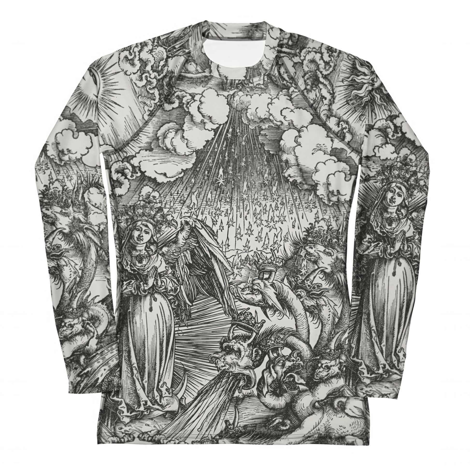 Doom With A View Rash Guard featuring Dark dramatic repeat pattern merging two of Albrecht Dürer's powerful Northern Renaissance apocalyptic woodcut engravings from the late 1400s and early 1500s, women’s rash guard