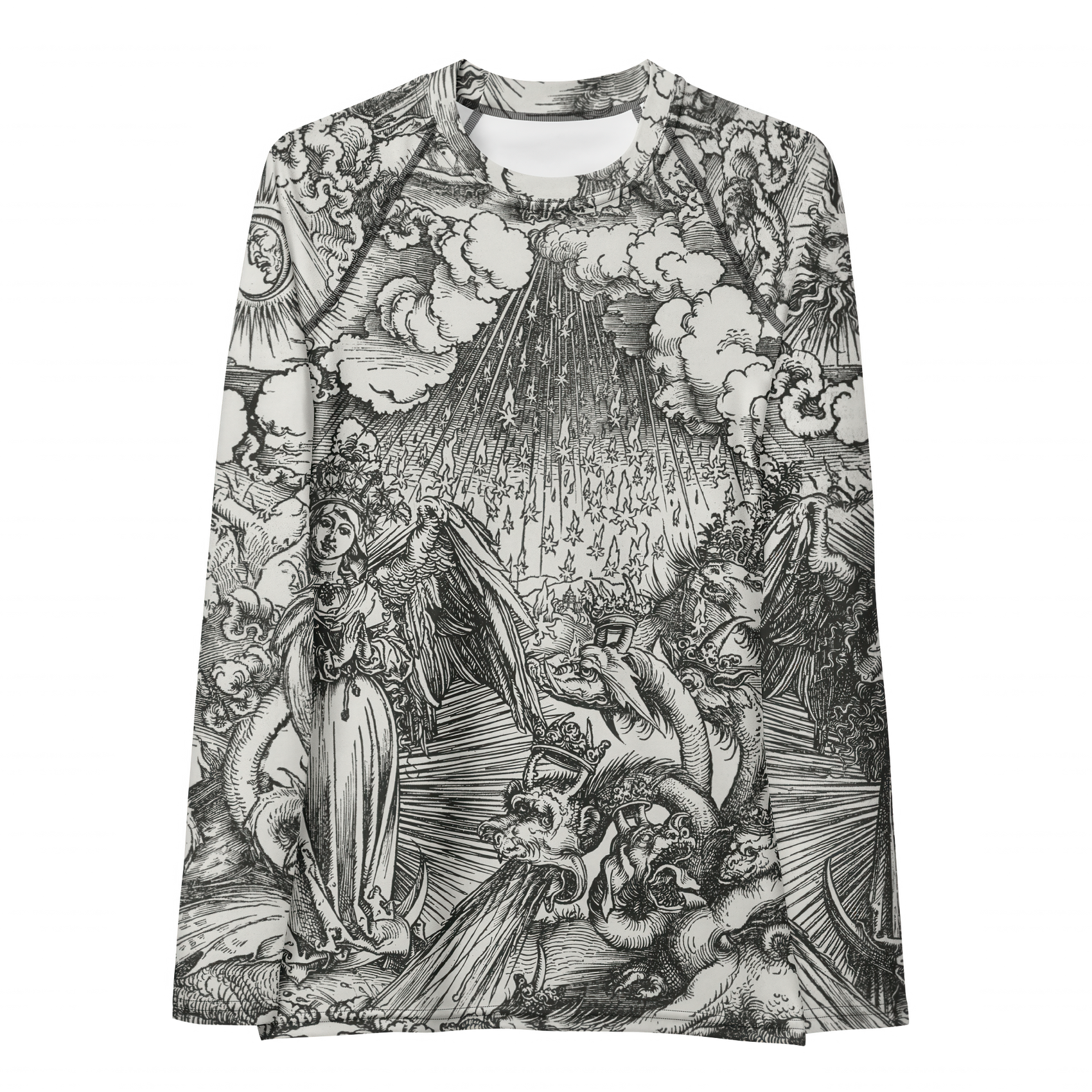 Doom With A View Rash Guard featuring Dark dramatic repeat pattern merging two of Albrecht Dürer's powerful Northern Renaissance apocalyptic woodcut engravings from the late 1400s and early 1500s, lightweight women’s rash guard