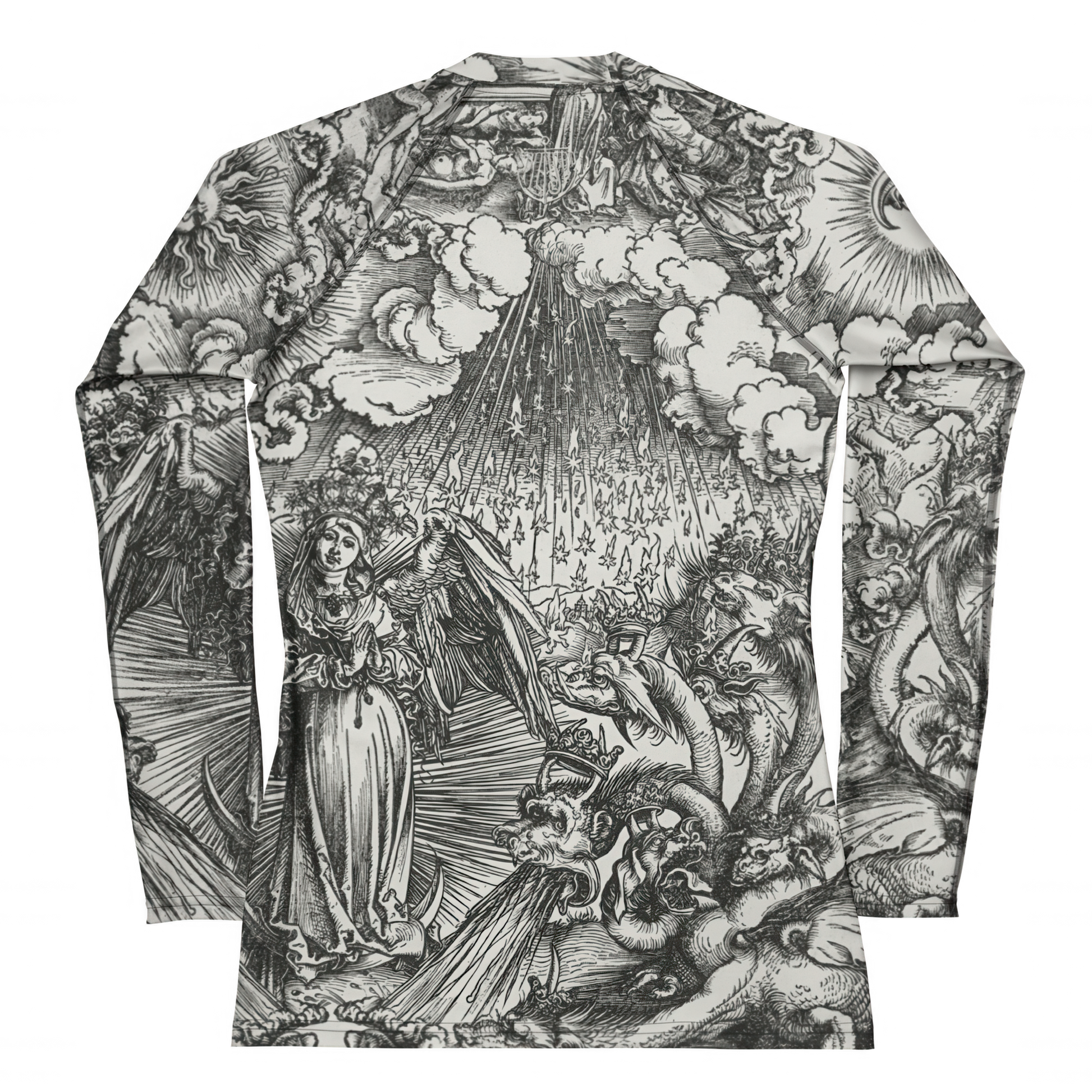 Doom With A View Rash Guard featuring Dark dramatic repeat pattern merging two of Albrecht Dürer's powerful Northern Renaissance apocalyptic woodcut engravings from the late 1400s and early 1500s, women’s rash guard in vintage print
