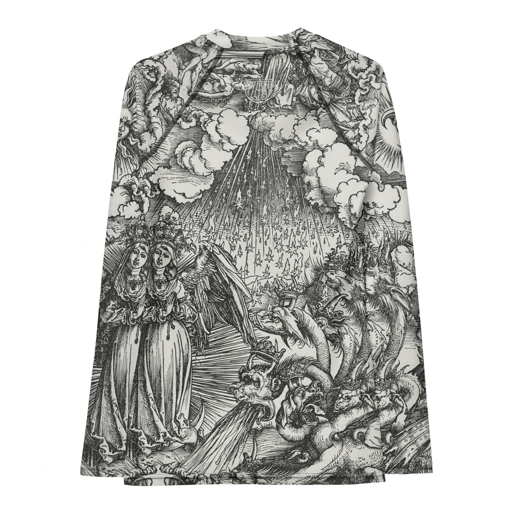 Doom With A View Rash Guard featuring Dark dramatic repeat pattern merging two of Albrecht Dürer's powerful Northern Renaissance apocalyptic woodcut engravings from the late 1400s and early 1500s, women’s rash guard with detailed artwork