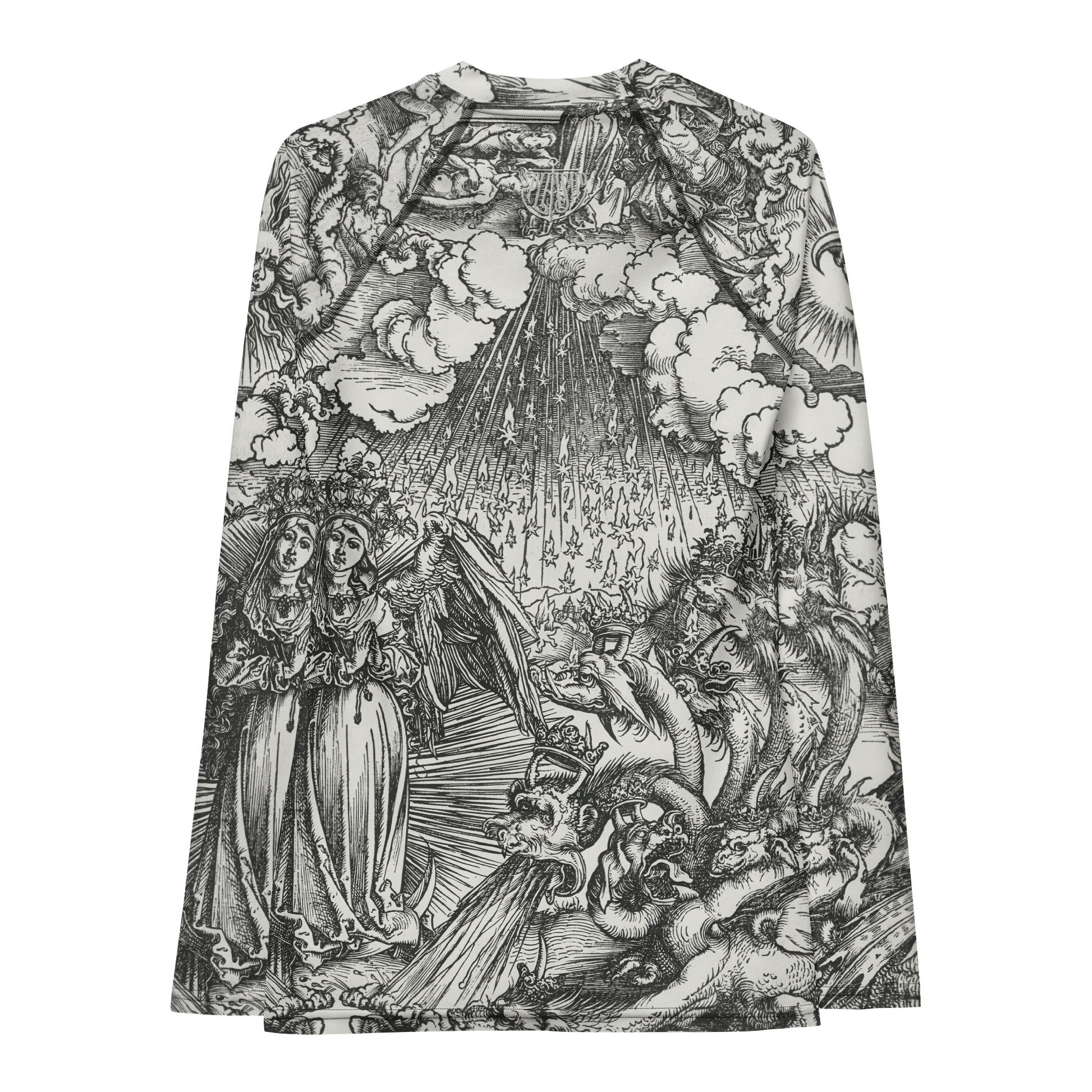 Doom With A View Rash Guard featuring Dark dramatic repeat pattern merging two of Albrecht Dürer's powerful Northern Renaissance apocalyptic woodcut engravings from the late 1400s and early 1500s, women’s rash guard with detailed artwork