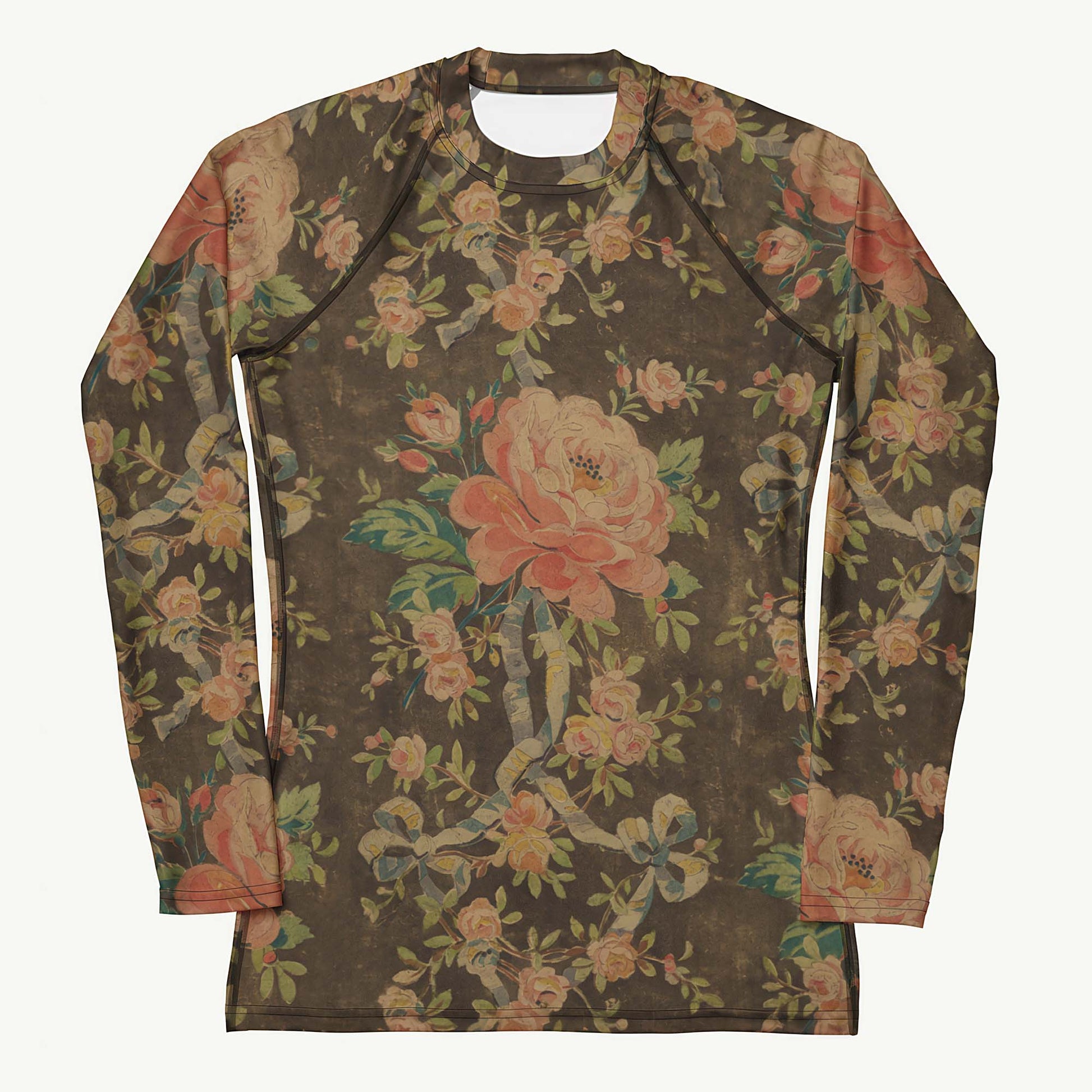 Everything's Coming Up Roses Rash Guard featuring Rich brown background with trailing pink roses and a delicate blue ribbon border design, adapted from a 1780 French decorative watercolour, women’s rash guard