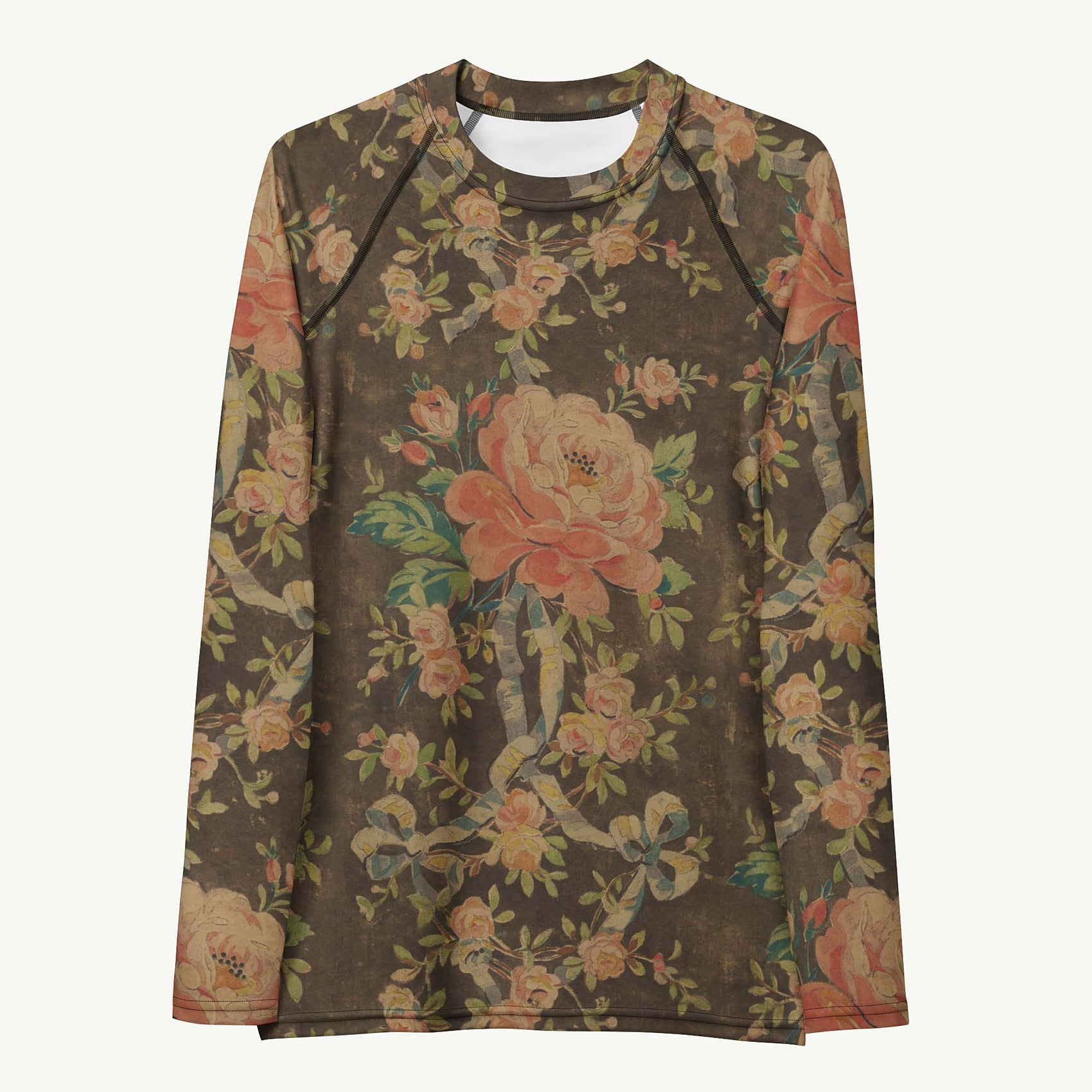 Everything's Coming Up Roses Rash Guard featuring Rich brown background with trailing pink roses and a delicate blue ribbon border design, adapted from a 1780 French decorative watercolour, lightweight women’s rash guard