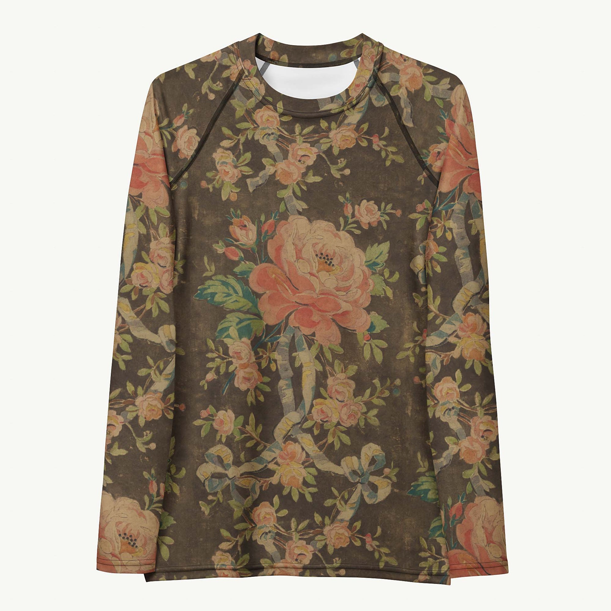 Everything's Coming Up Roses Rash Guard featuring Rich brown background with trailing pink roses and a delicate blue ribbon border design, adapted from a 1780 French decorative watercolour, lightweight women’s rash guard