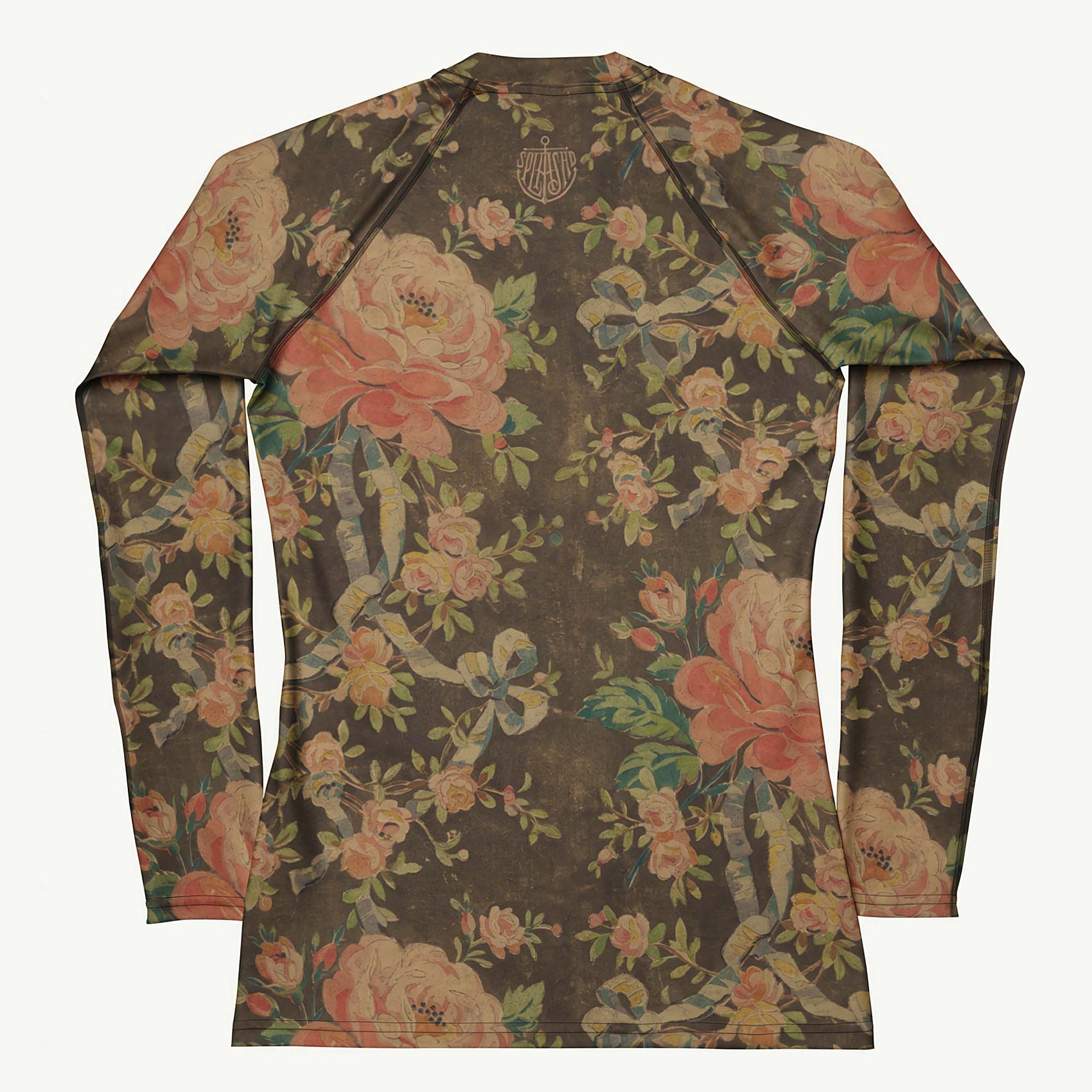 Everything's Coming Up Roses Rash Guard featuring Rich brown background with trailing pink roses and a delicate blue ribbon border design, adapted from a 1780 French decorative watercolour, women’s rash guard in vintage print