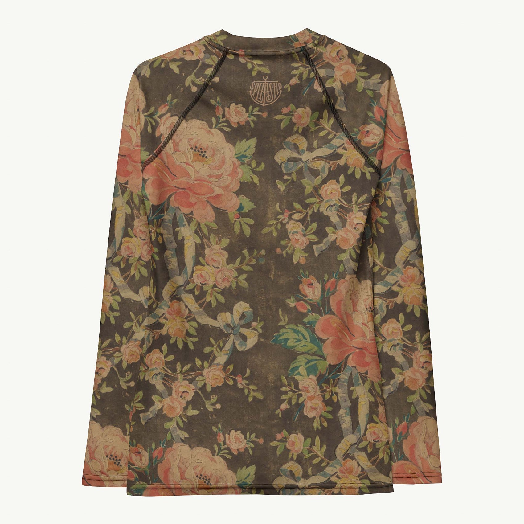 Everything's Coming Up Roses Rash Guard featuring Rich brown background with trailing pink roses and a delicate blue ribbon border design, adapted from a 1780 French decorative watercolour, women’s rash guard with detailed artwork