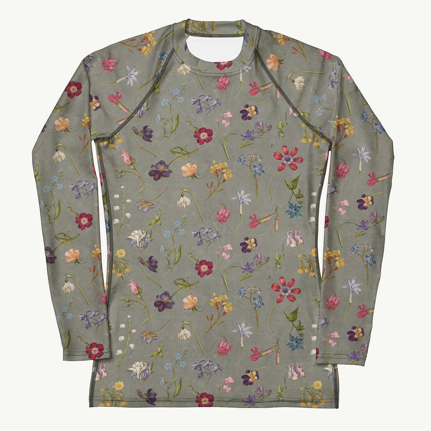 Hibis-Kiss Me Rash Guard featuring Moody pale blue background with jewel-bright painted flower specimens from a 16th century Flemish illuminated manuscript in rich, vivid colours, women’s rash guard