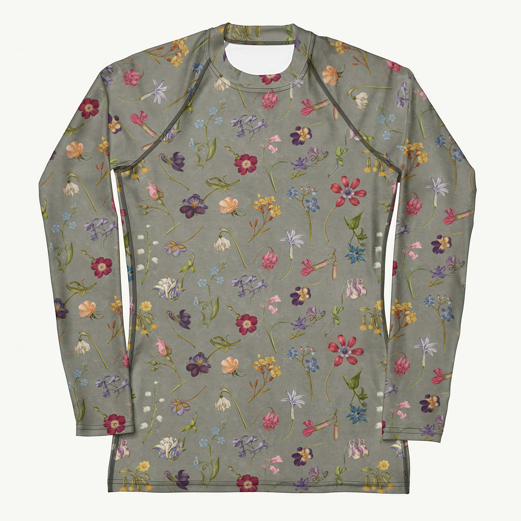 Hibis-Kiss Me Rash Guard featuring Moody pale blue background with jewel-bright painted flower specimens from a 16th century Flemish illuminated manuscript in rich, vivid colours, women’s rash guard