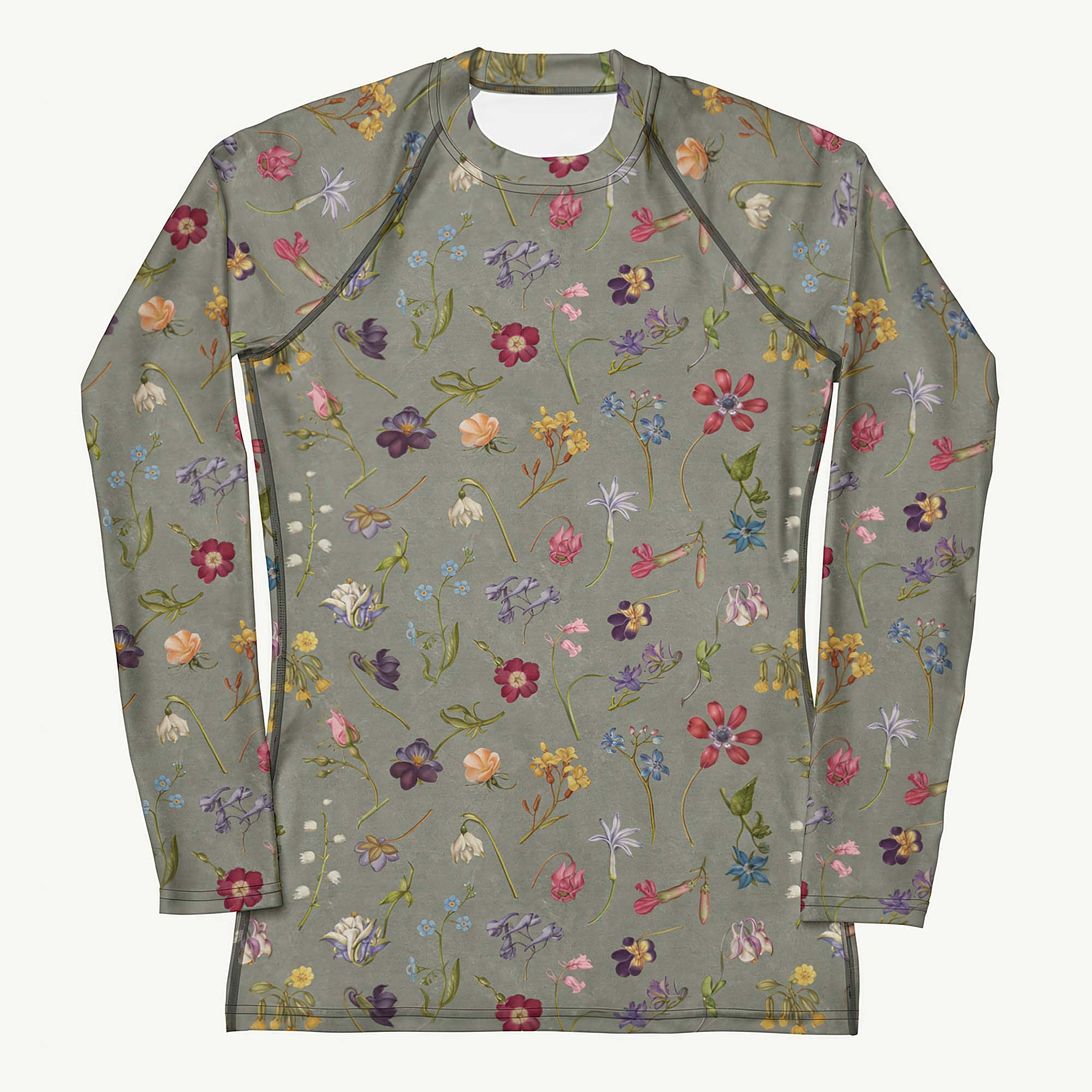 Hibis-Kiss Me Rash Guard featuring Moody pale blue background with jewel-bright painted flower specimens from a 16th century Flemish illuminated manuscript in rich, vivid colours, women’s rash guard